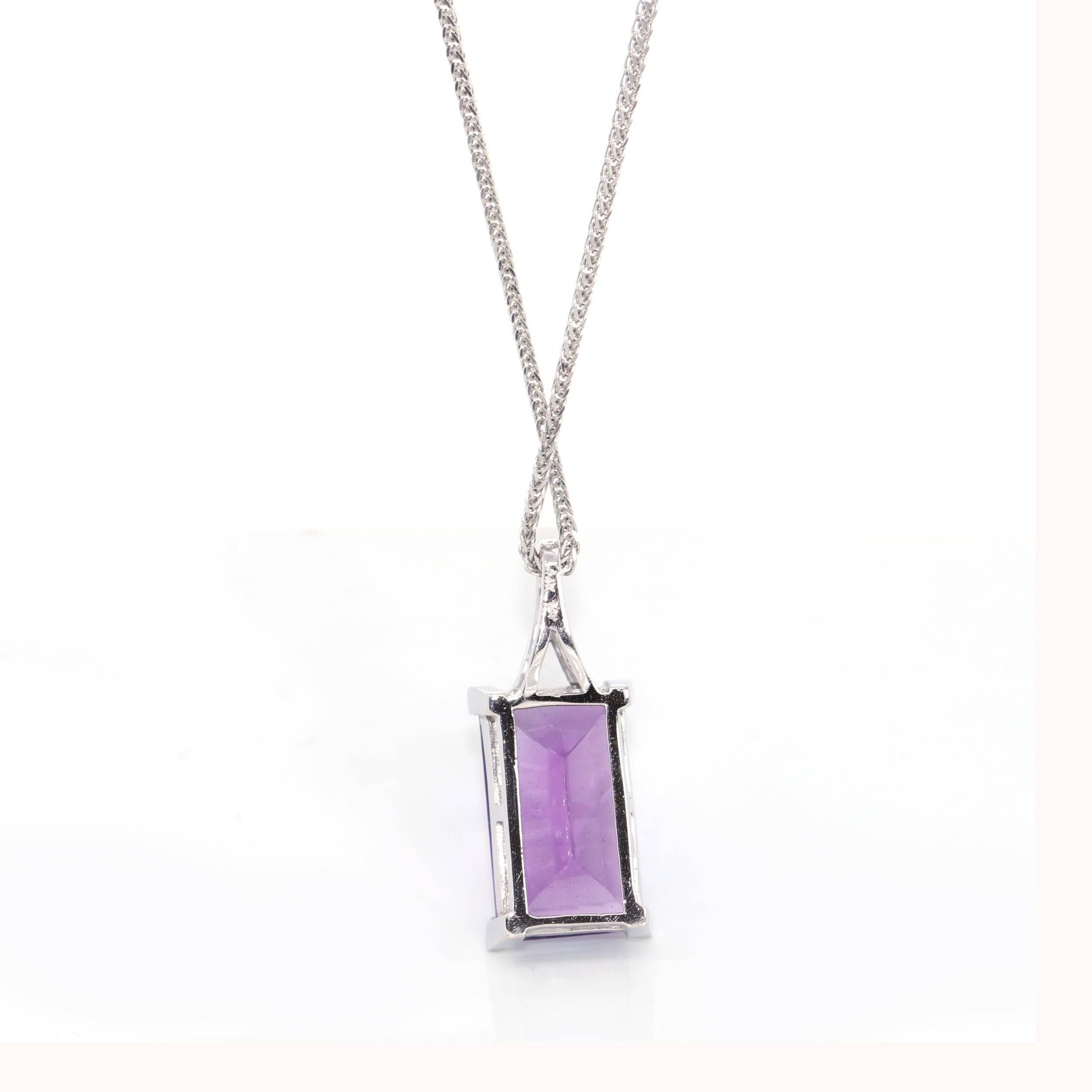 Emerald Cut 14k White Gold Genuine AAA Royal Amethyst Pendant Necklace For Sale
