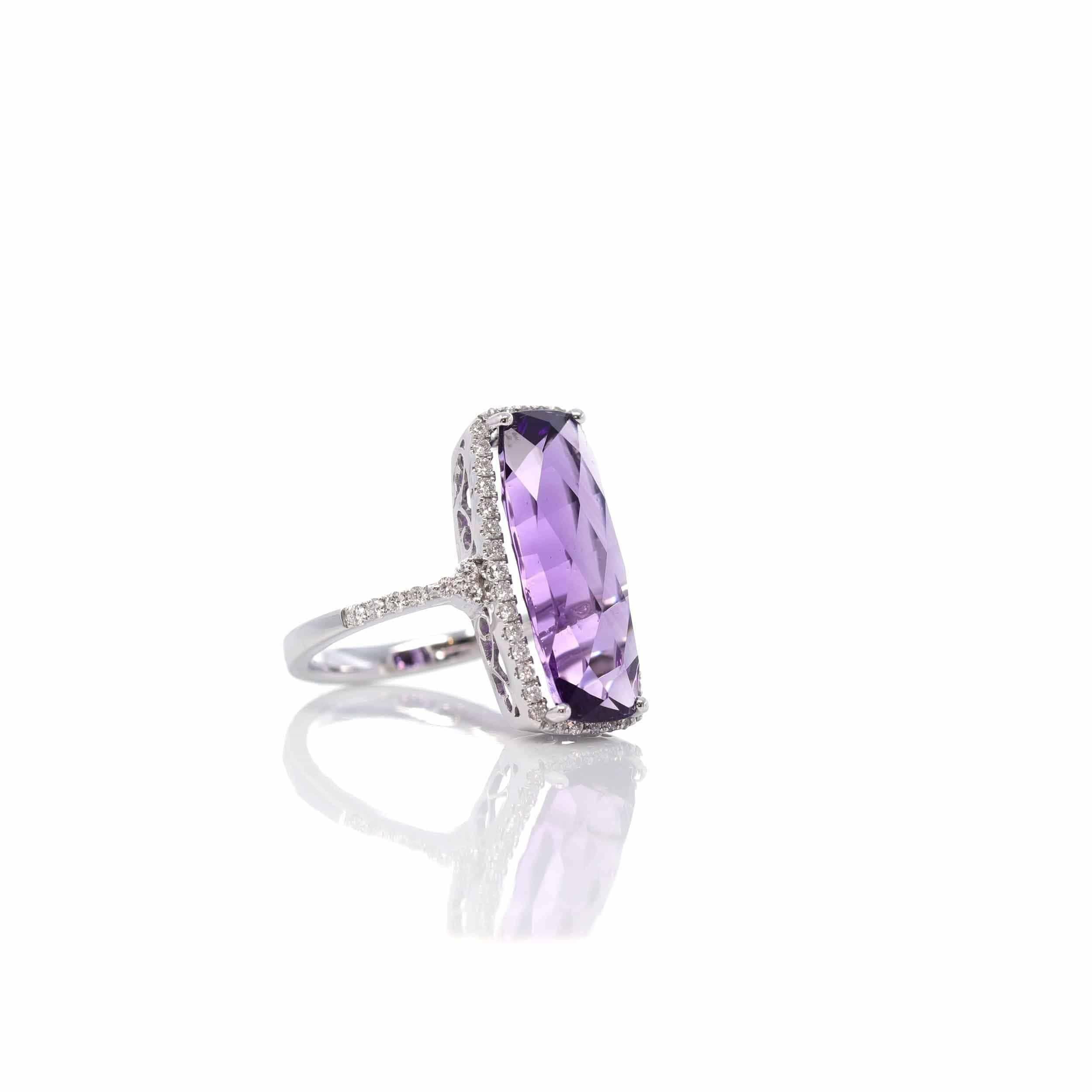 * Design Concept--- This ring features a Cushion Cut Brazillian Amethyst,6.099 ct genuine deep purple amethyst. The design is simplistic yet elegant. The ring looks very exquisite with some diamonds tracing the accents. Baikalla artisans are