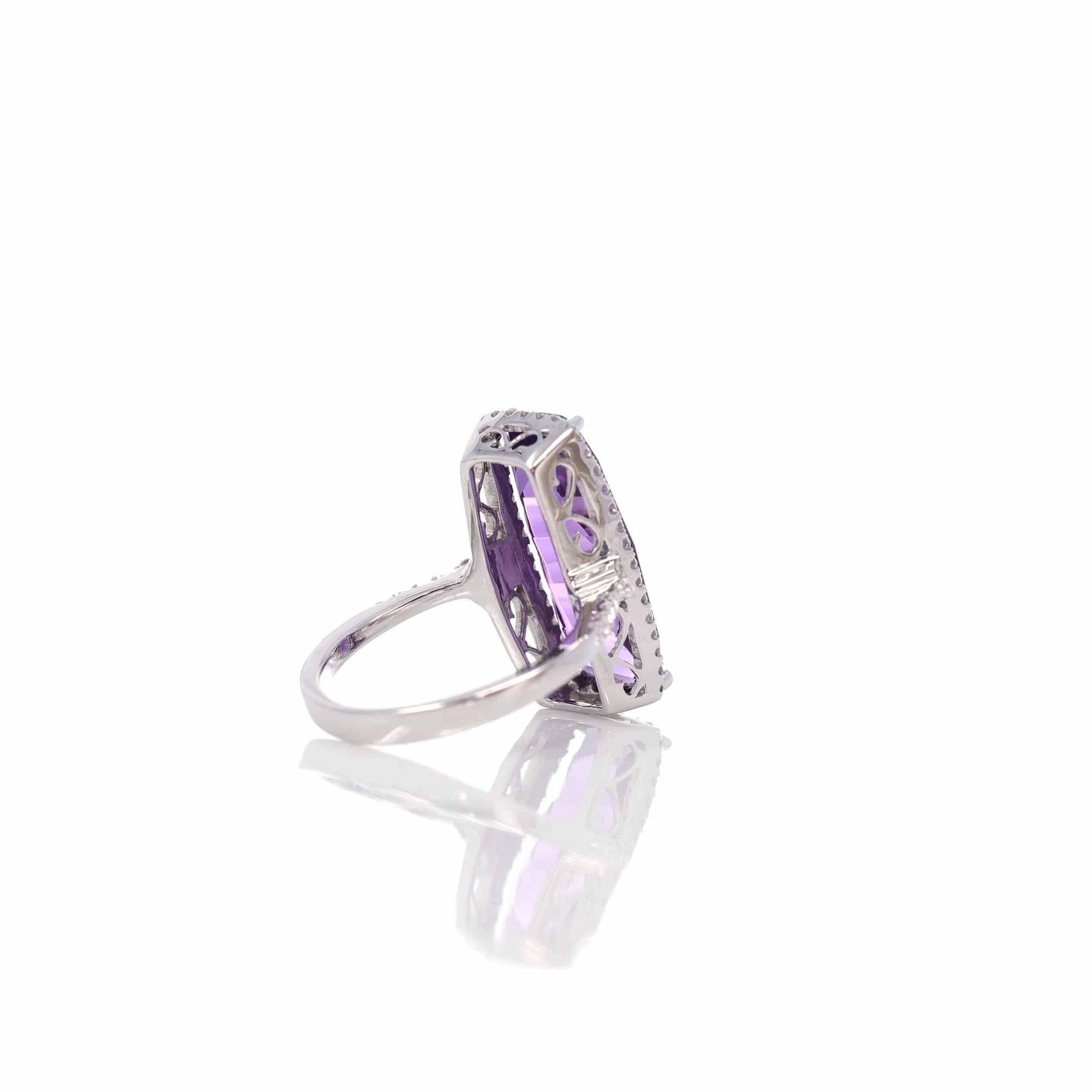 Emerald Cut 14k White Gold Genuine Amethyst Ring with Diamonds For Sale