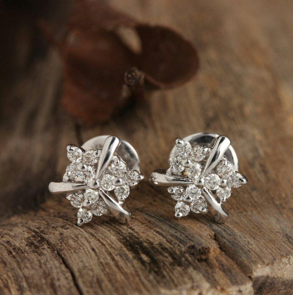 Round Cut 14K White Gold Genuine Diamond Earring Studs Minimalist For Sale