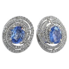 14k White Gold Genuine Double Cut Diamond Blue Sapphire Stud Earrings Jewelry