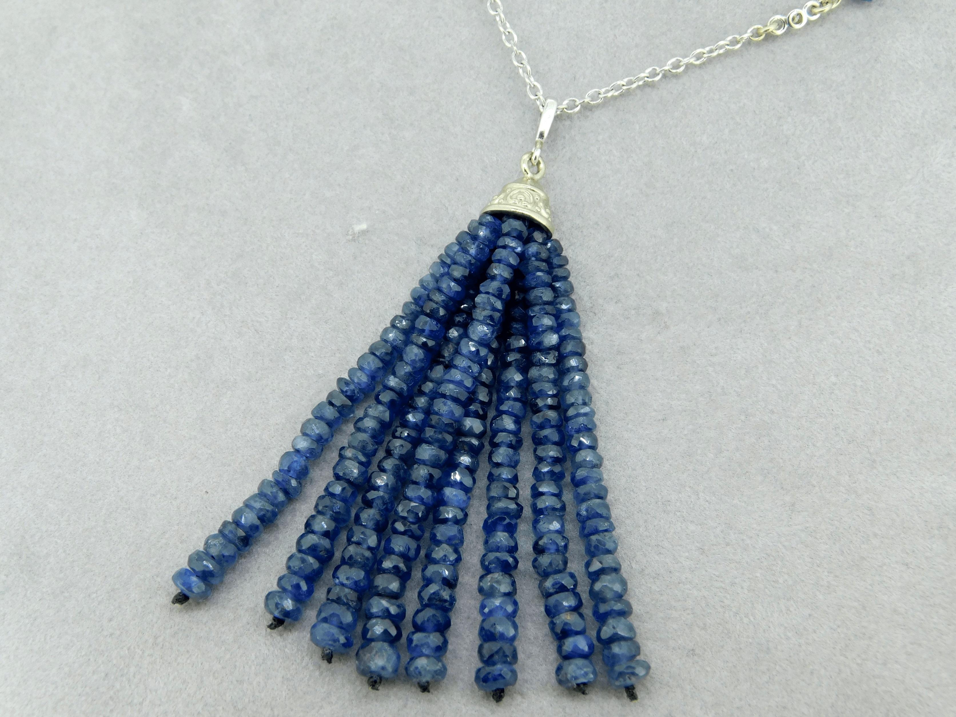 14k White Gold Genuine Natural Diamond and Blue Sapphire Tassel Pendant '#J4682' In Excellent Condition For Sale In Big Bend, WI