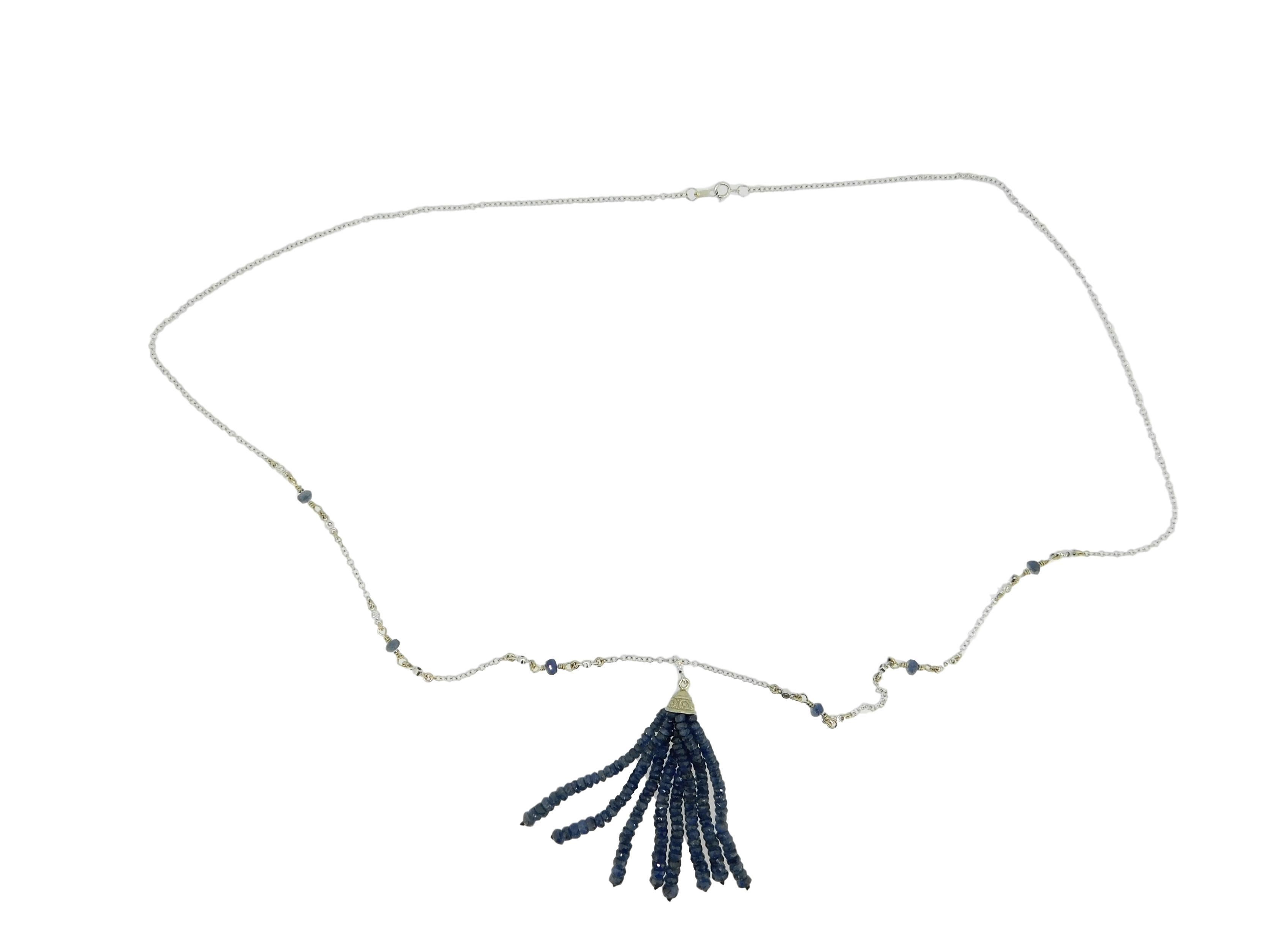 14k White Gold Genuine Natural Diamond and Blue Sapphire Tassel Pendant '#J4682' For Sale 1
