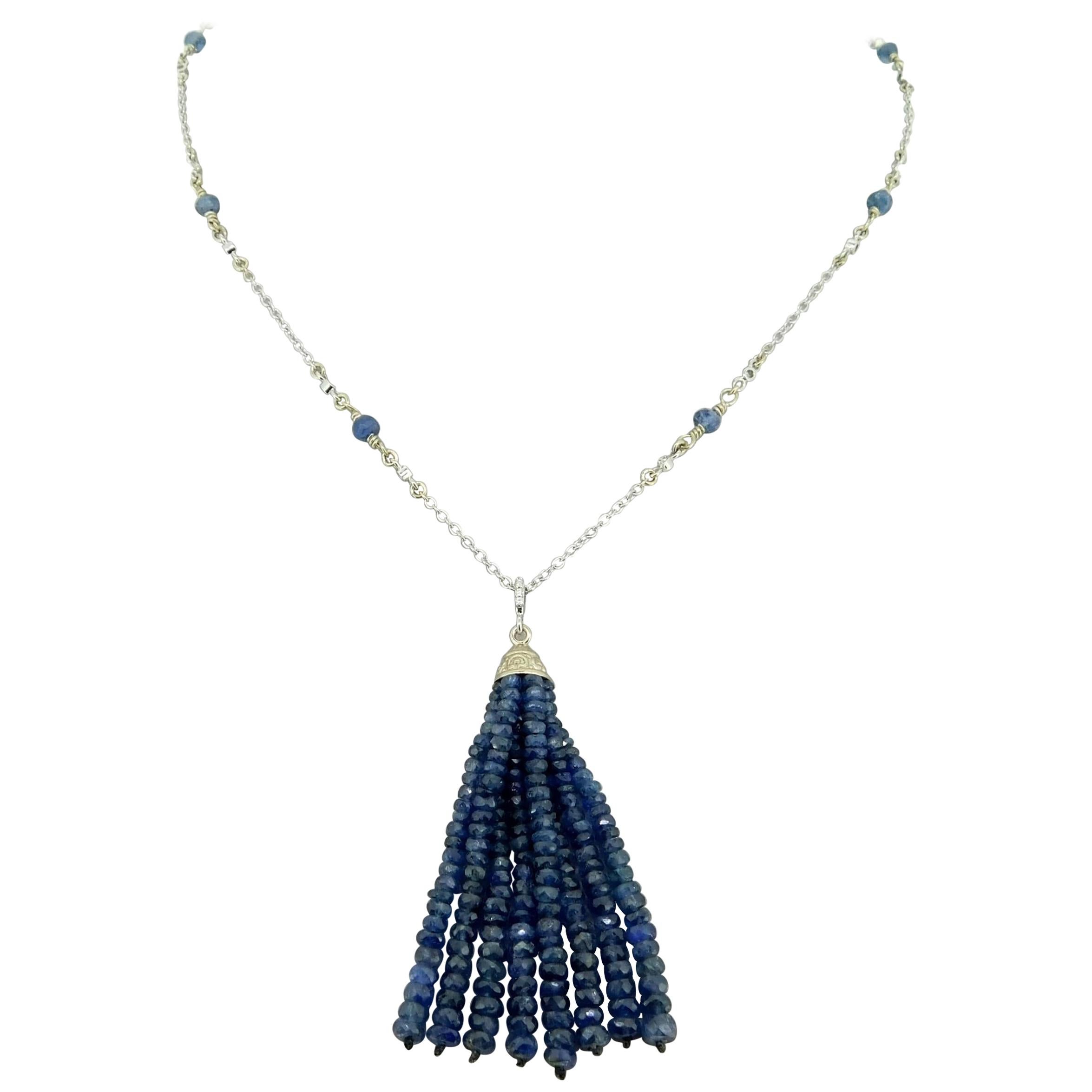 14k White Gold Genuine Natural Diamond and Blue Sapphire Tassel Pendant '#J4682'