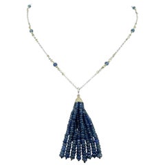 14k White Gold Genuine Natural Diamond and Blue Sapphire Tassel Pendant '#J4682'