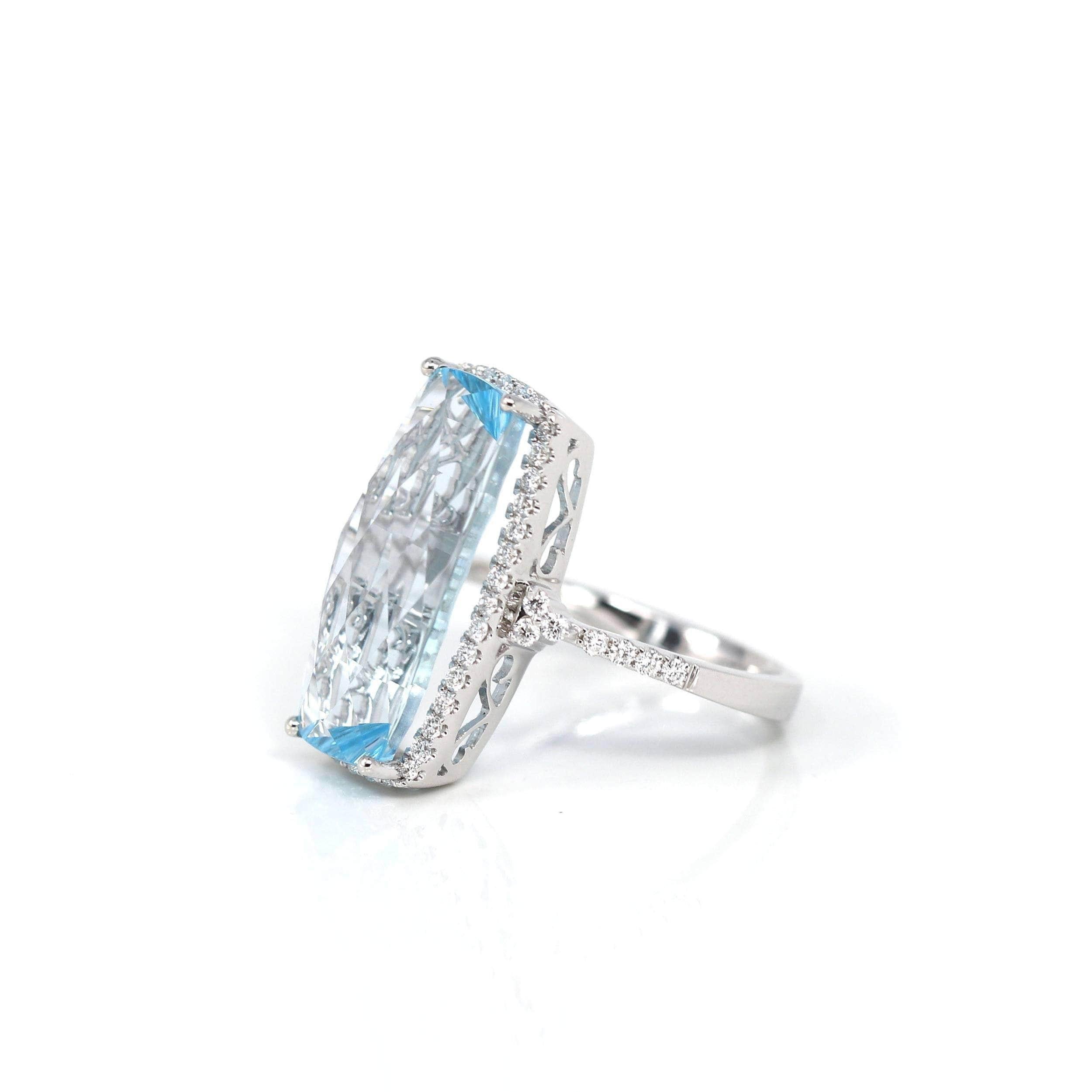 * Design Concept--- This ring features a Brazillian topaz 9.5 ct genuine swiss blue fancy cut topaz. The design is simplistic yet elegant. The ring looks very exquisite with some diamond halo. Baikalla artisans are dedicated to combining beautiful