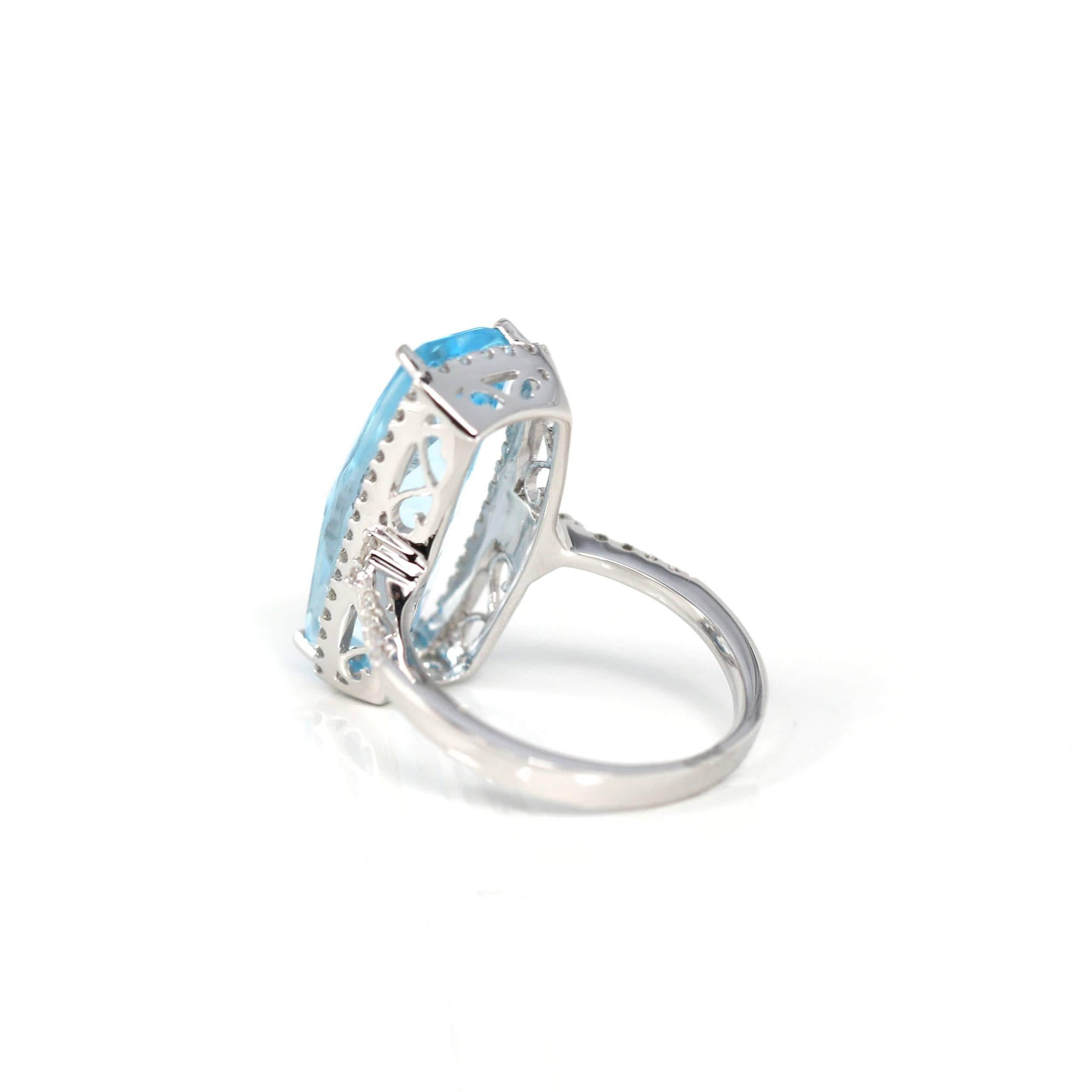 Emerald Cut 14k White Gold Genuine Swiss Blue Topaz Ring with Diamonds For Sale