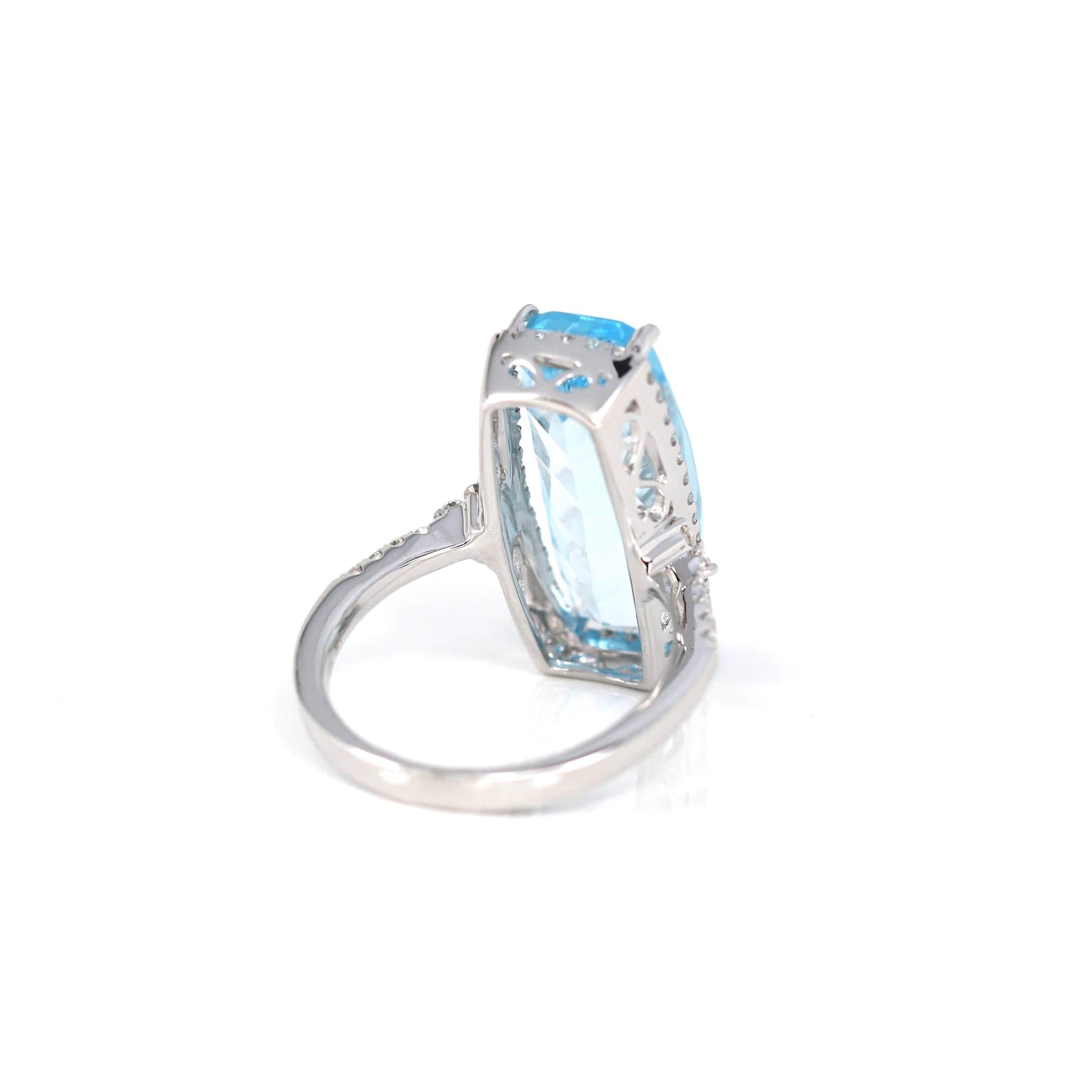 Women's or Men's 14k White Gold Genuine Swiss Blue Topaz Ring with Diamonds For Sale