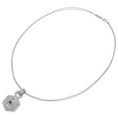14k White Gold Geometric Diamond and Sapphire Pendant Necklace