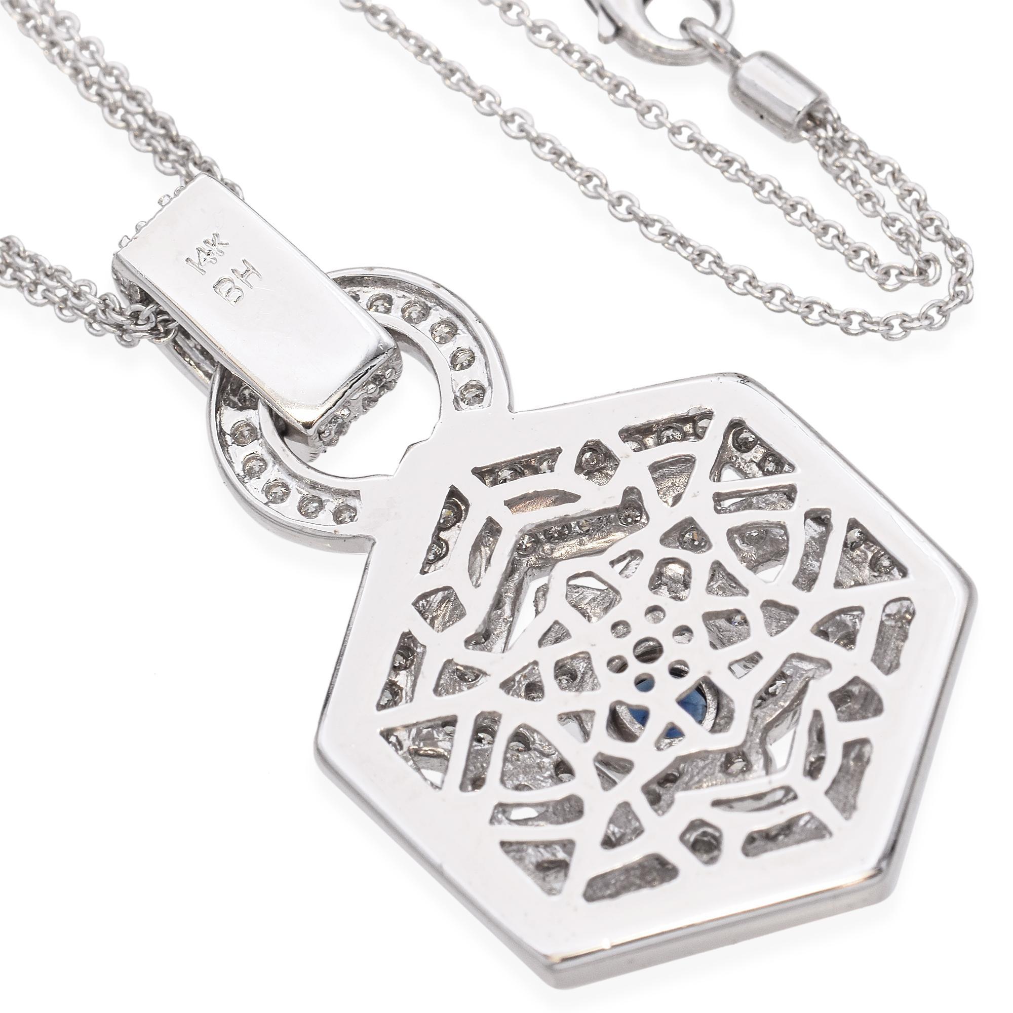 Taglio rotondo Collana geometrica con diamanti e zaffiri in oro bianco 14k in vendita