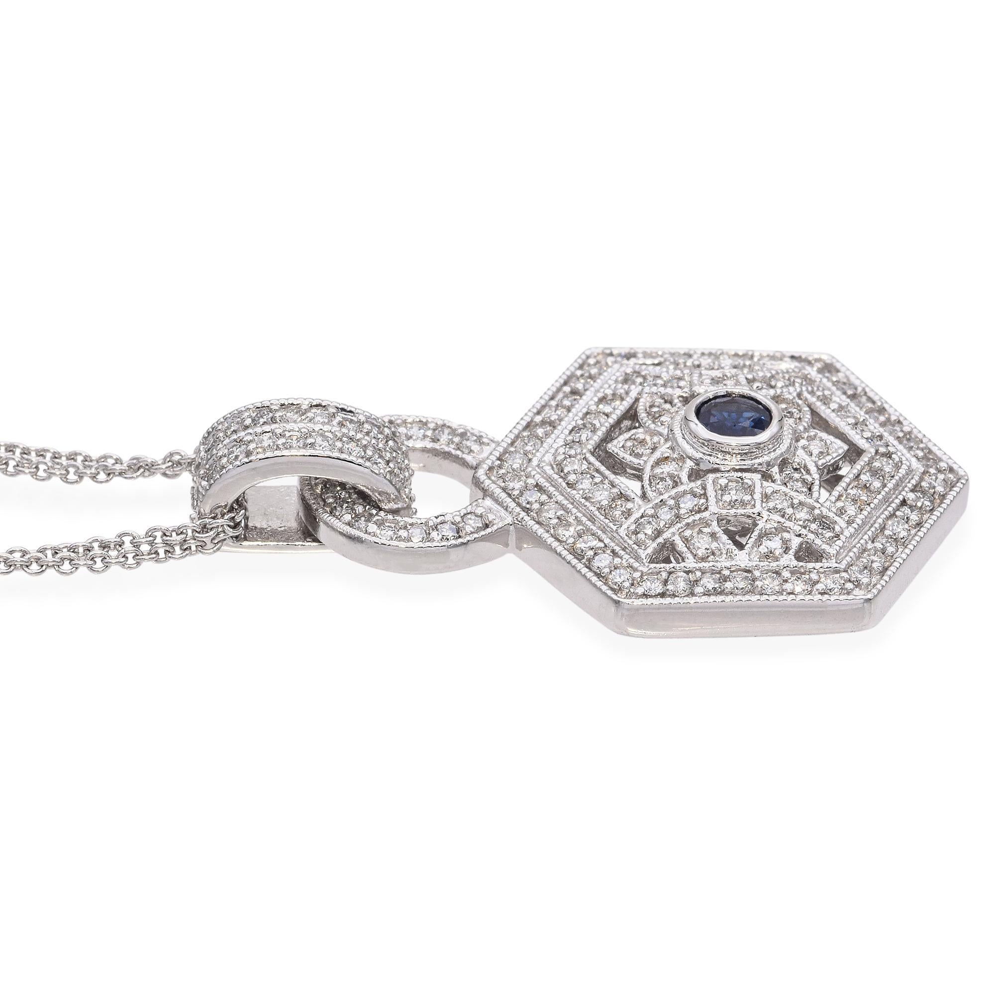 Collana geometrica con diamanti e zaffiri in oro bianco 14k In condizioni buone in vendita a New York, NY