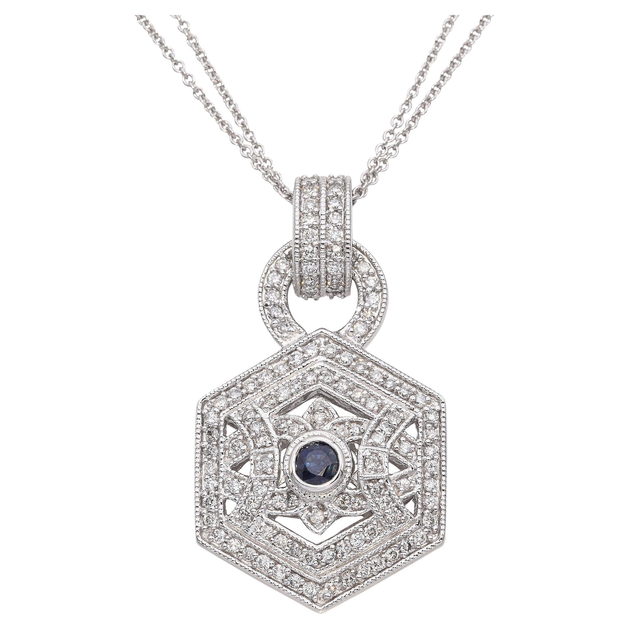 14k White Gold Geometric Diamond and Sapphire Pendant Necklace