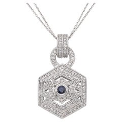 14k White Gold Geometric Diamond and Sapphire Pendant Necklace