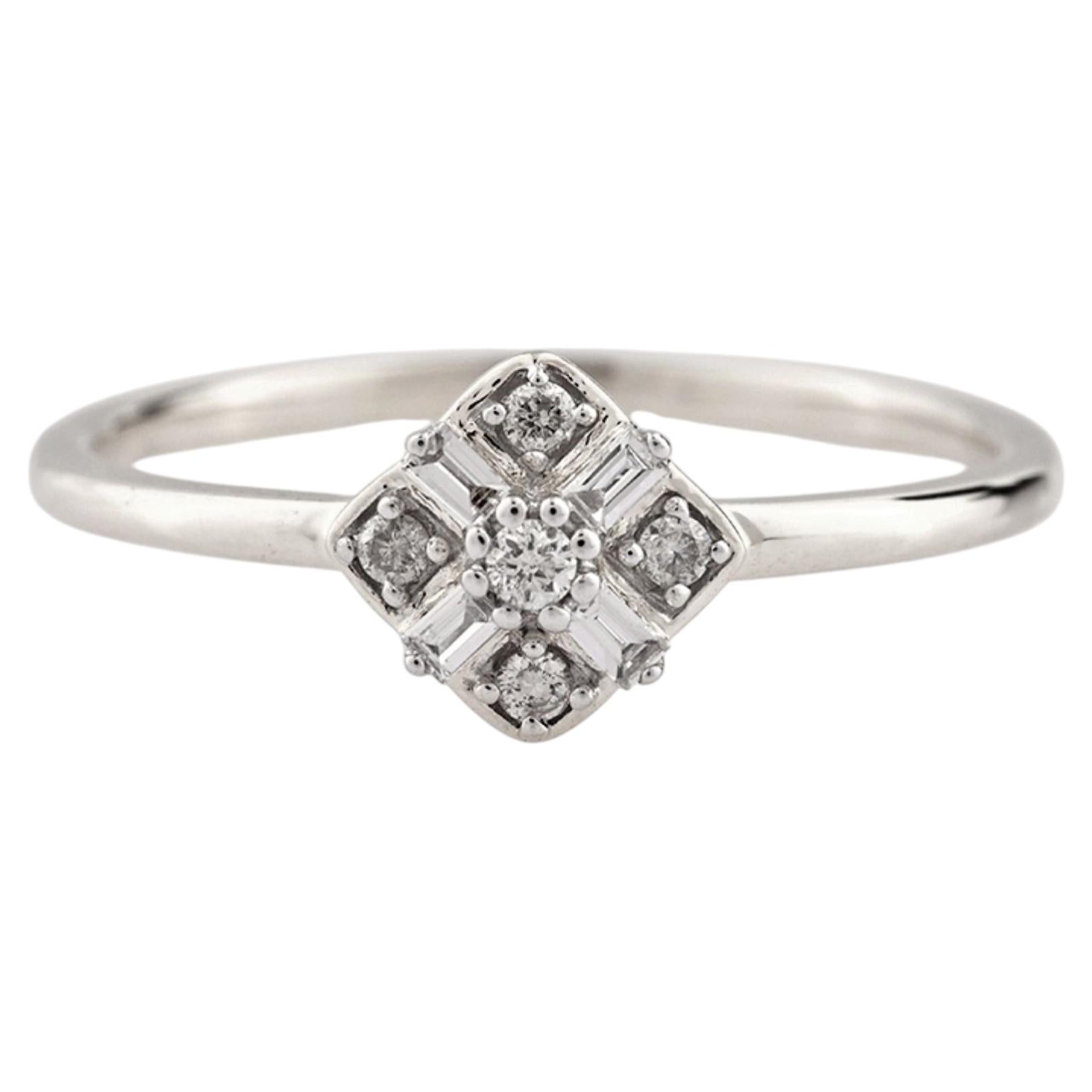 14K White Gold Geometric Round & Baguette Cut Diamond Cluster Ring