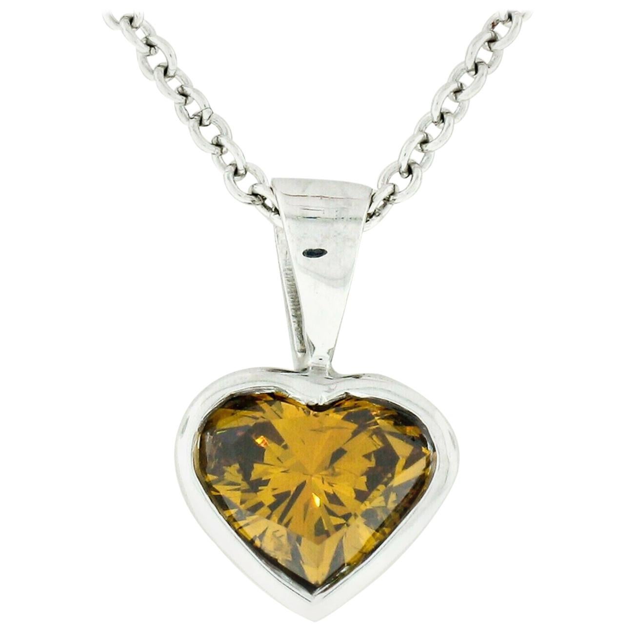 14k White Gold GIA 0.70ct Fancy Deep Brown Orange Heart Natural Diamond Pendant