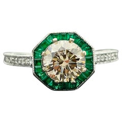 14k White Gold GIA 1.03ct Round Brilliant Diamond and Emerald Engagement Ring