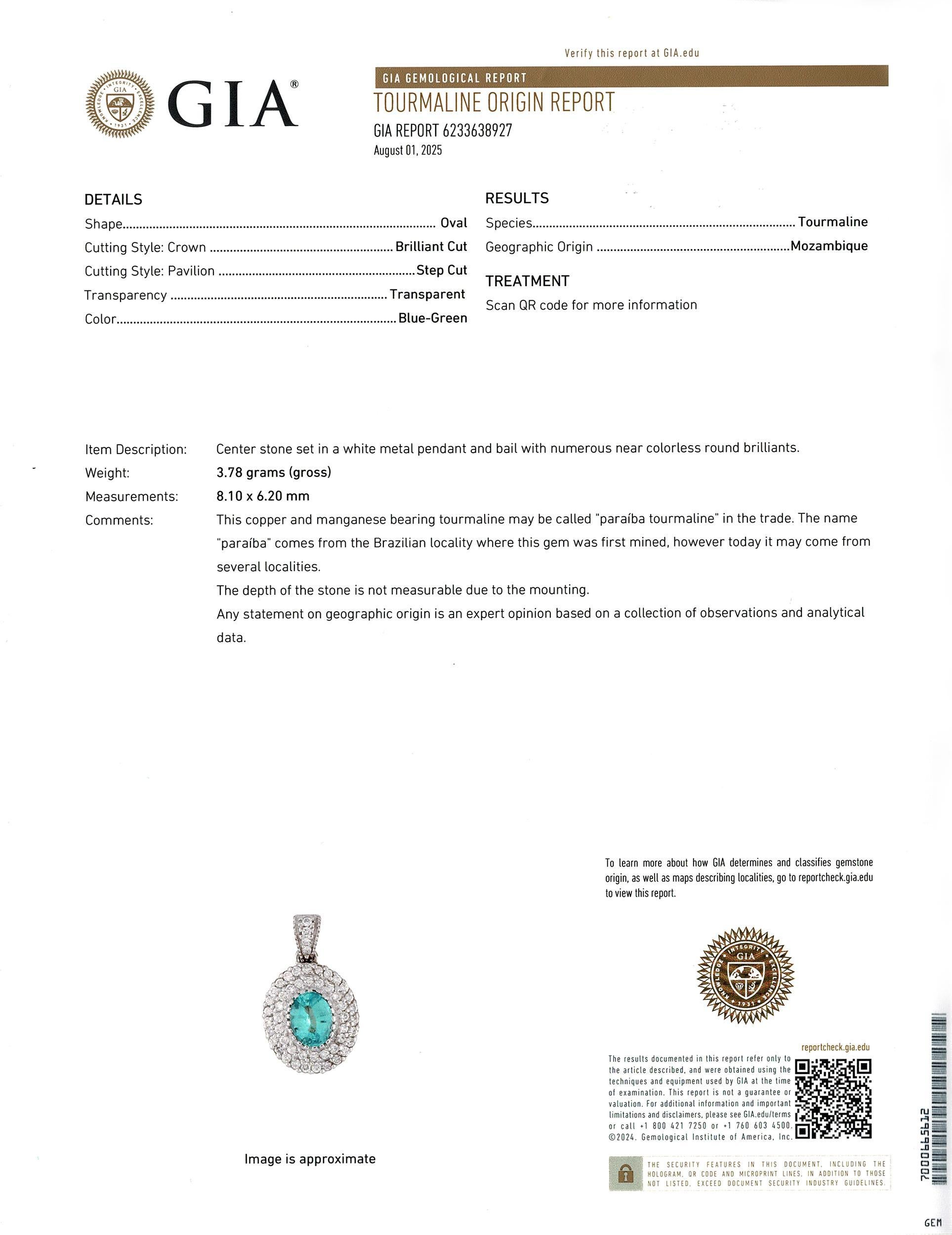 14K White Gold GIA 1.07 Ct Paraiba Tourmaline & 0.70 TCW Diamond Pendant For Sale 2