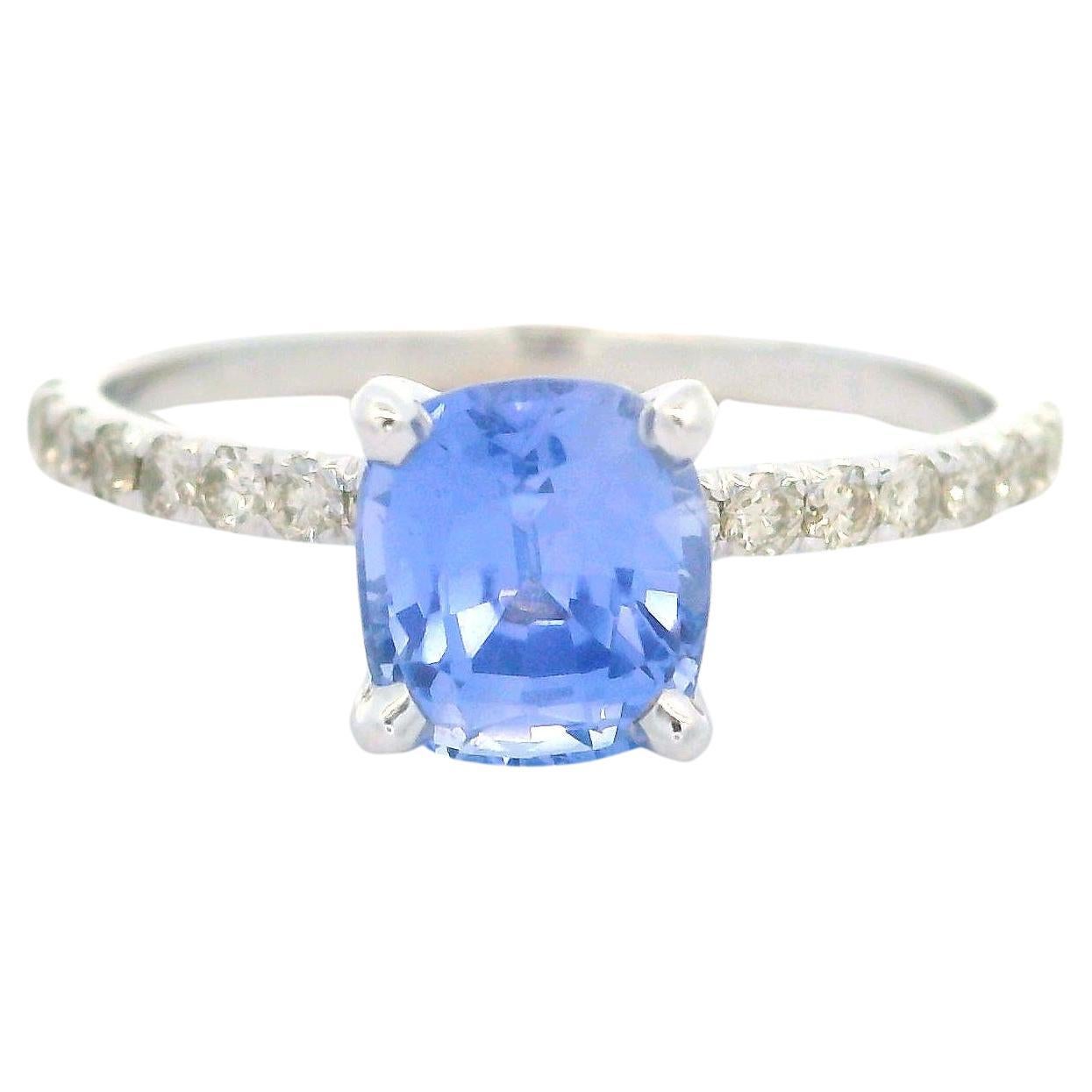 14k White Gold Gia 1.67ctw No Heat Cushion Periwinkle Blue Sapphire Diamond Ring
