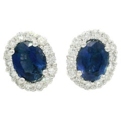 14k White Gold GIA 2.42ctw Oval No Heat Sapphire Diamond Halo Stud Earrings