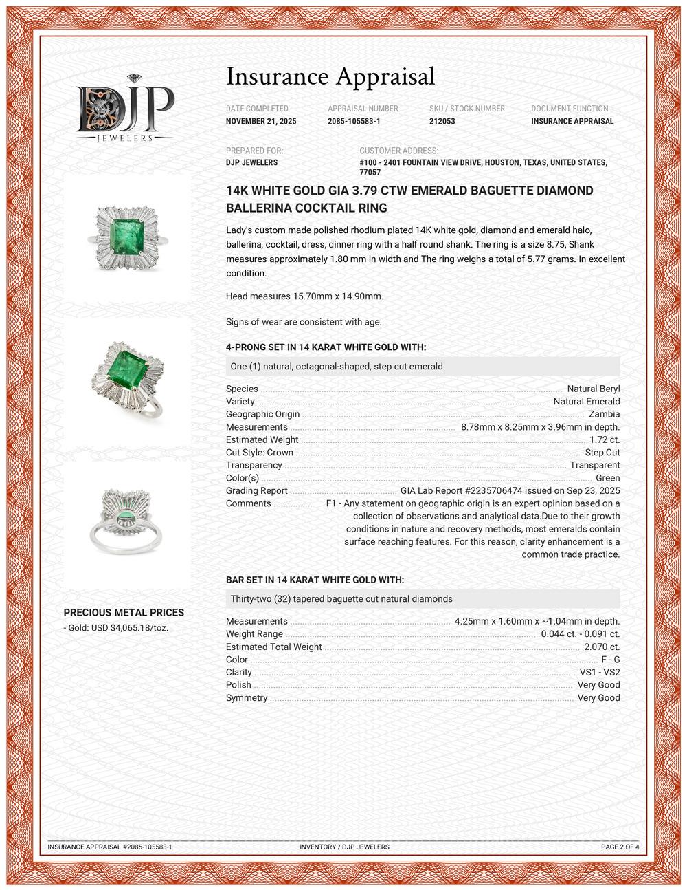 Anillo de cóctel de oro blanco de 14 quilates con diamantes esmeralda baguette GIA de 3,79 quilates en venta 4