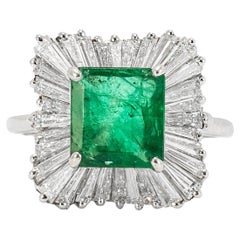 14K White Gold GIA 3.79 Ctw Emerald Baguette Diamond Ballerina Cocktail Ring