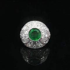 14k White Gold GIA 3.83ctw Round Emerald w/ Rose Cut Diamond Milgrain Wide Ring