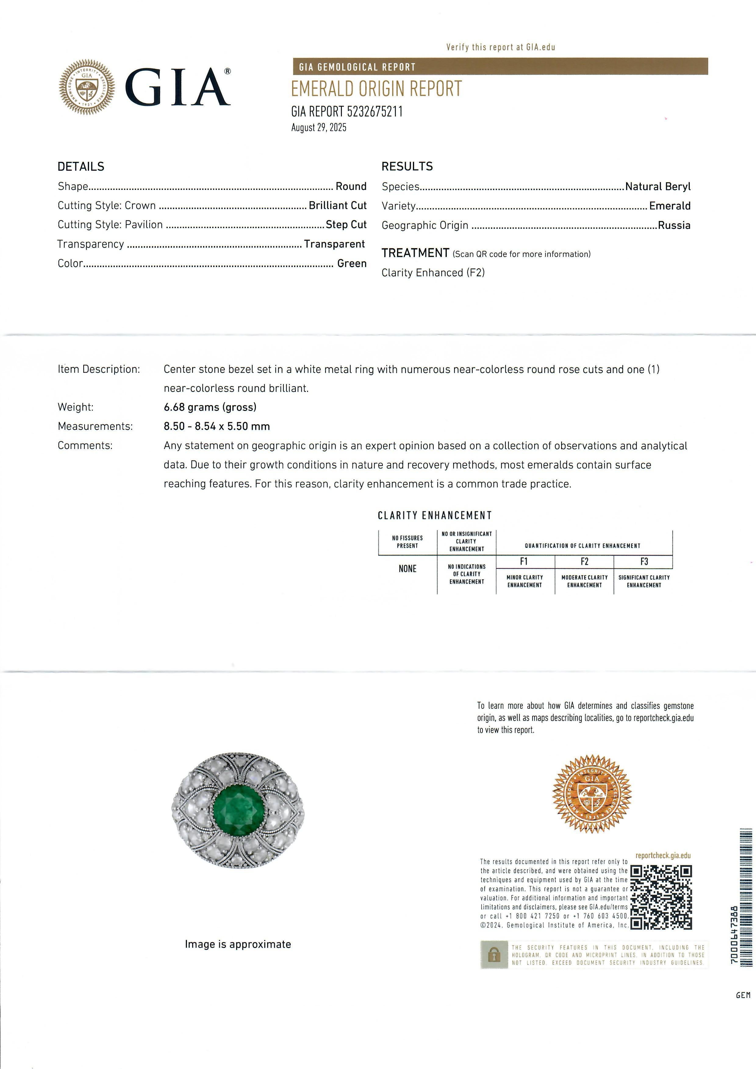 14k Weißgold GIA 3,83ctw Runde Smaragd w / Rose Cut Diamond Milgrain breiten Ring im Angebot 1