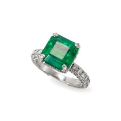 14K White Gold Gia 3.90ct Emerald Hidden Halo Accented Diamond Cocktail Ring