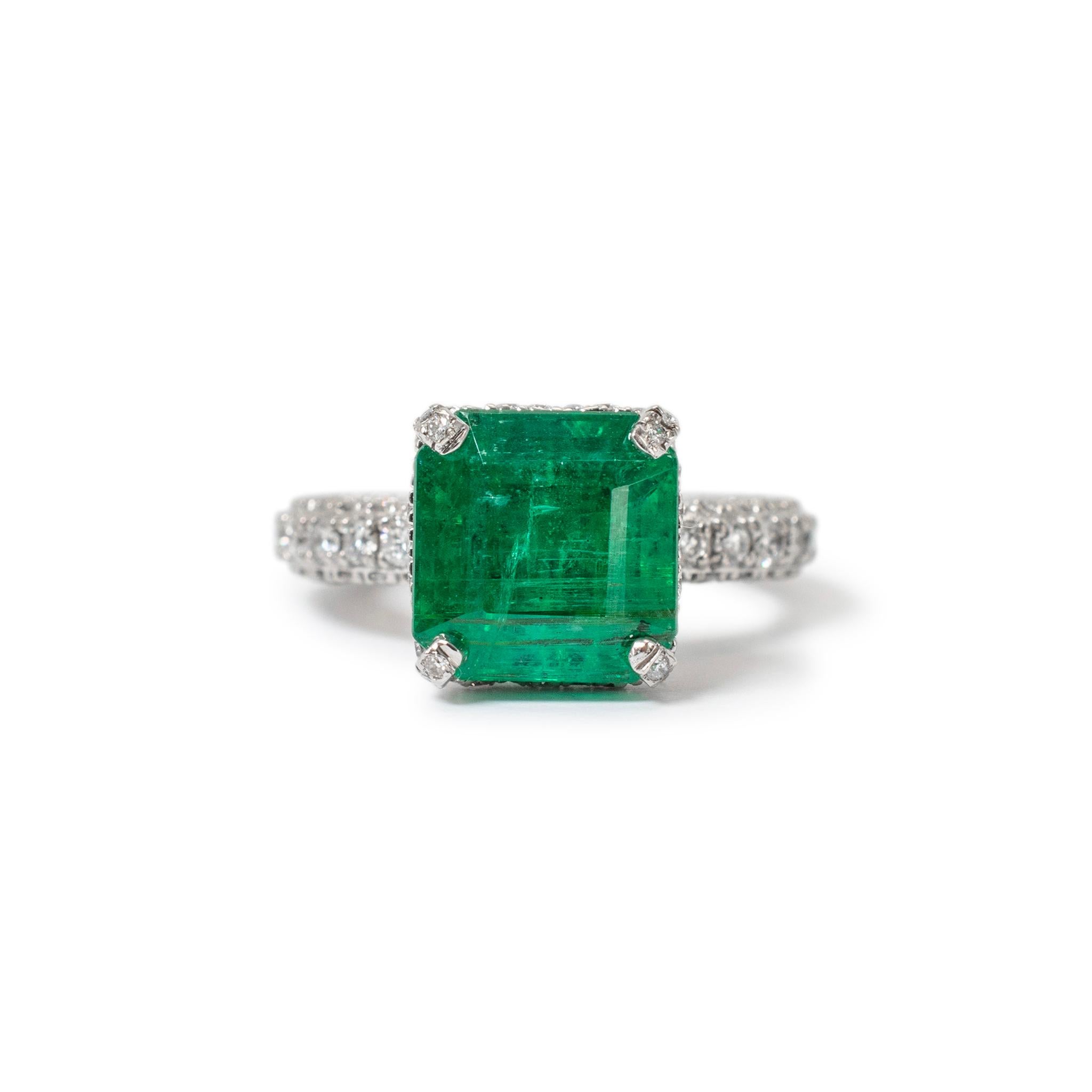 14K White Gold Gia 3.90ct Emerald Hidden Halo Accented Diamond Cocktail Ring