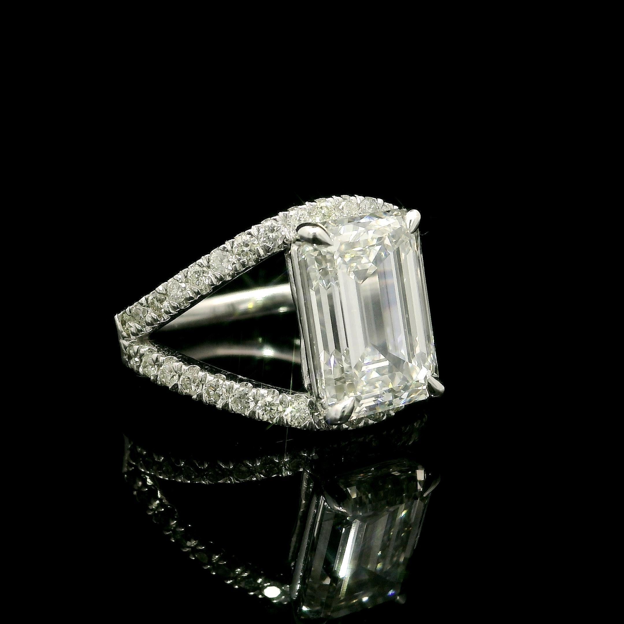 14k White Gold GIA 5.3ctw Emerald Cut Lab Grown Diamond Open Split Shank Ring For Sale 6