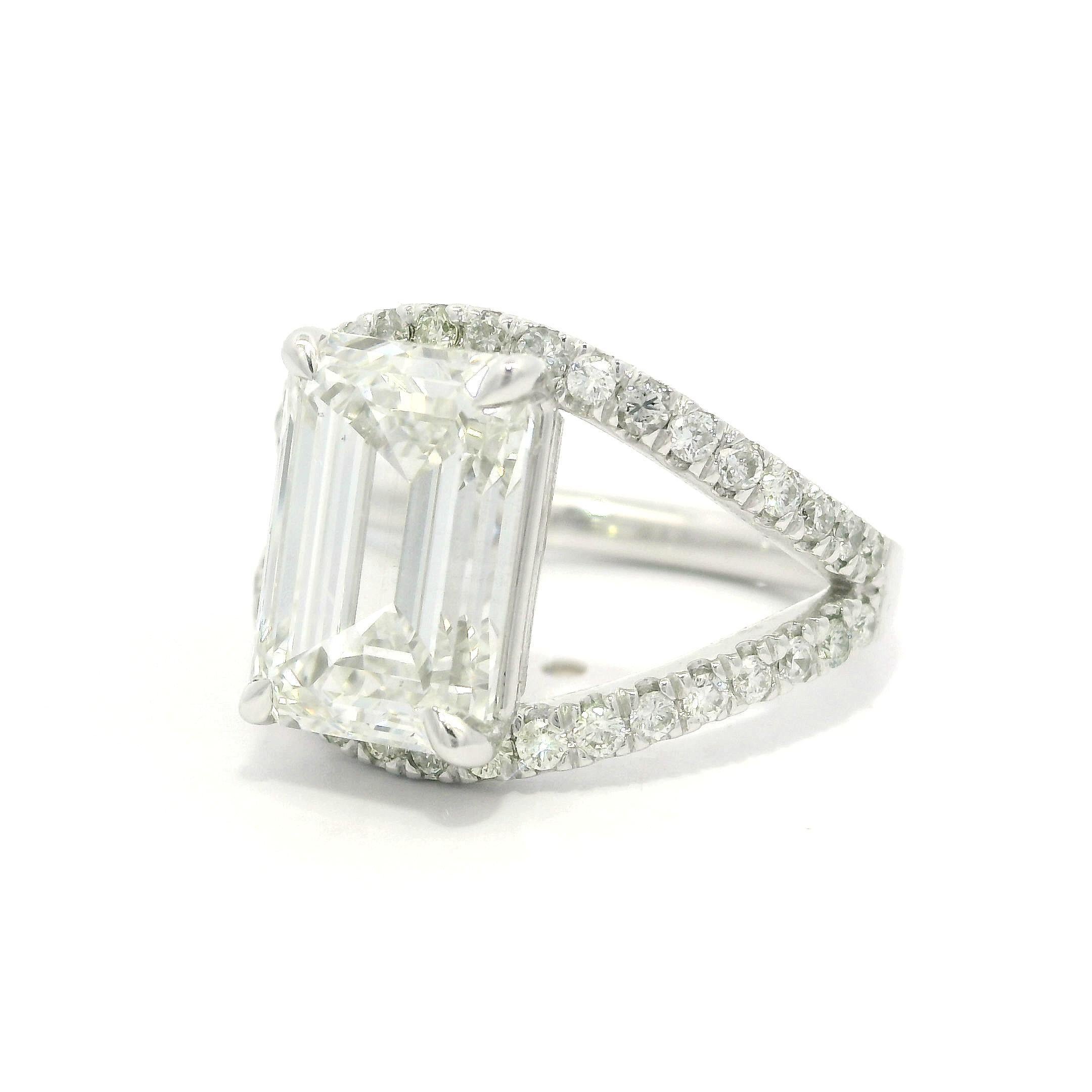 14k White Gold GIA 5.3ctw Emerald Cut Lab Grown Diamond Open Split Shank Ring For Sale 7
