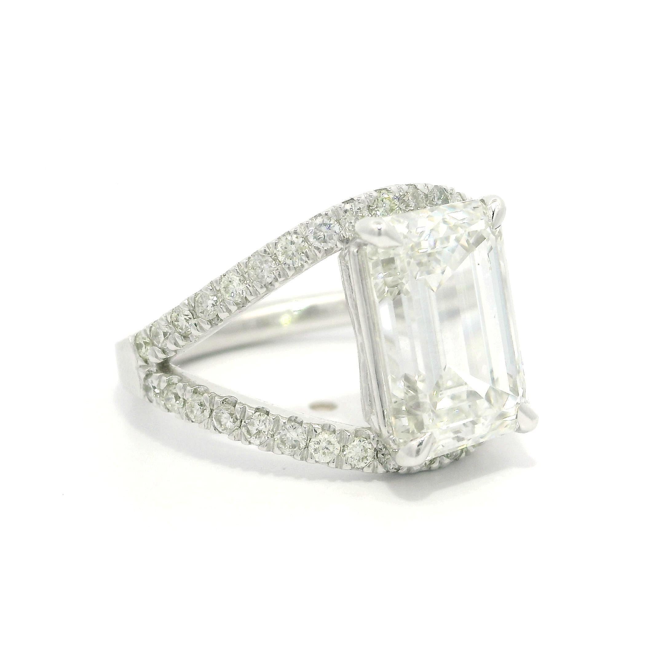 14k White Gold GIA 5.3ctw Emerald Cut Lab Grown Diamond Open Split Shank Ring For Sale 8