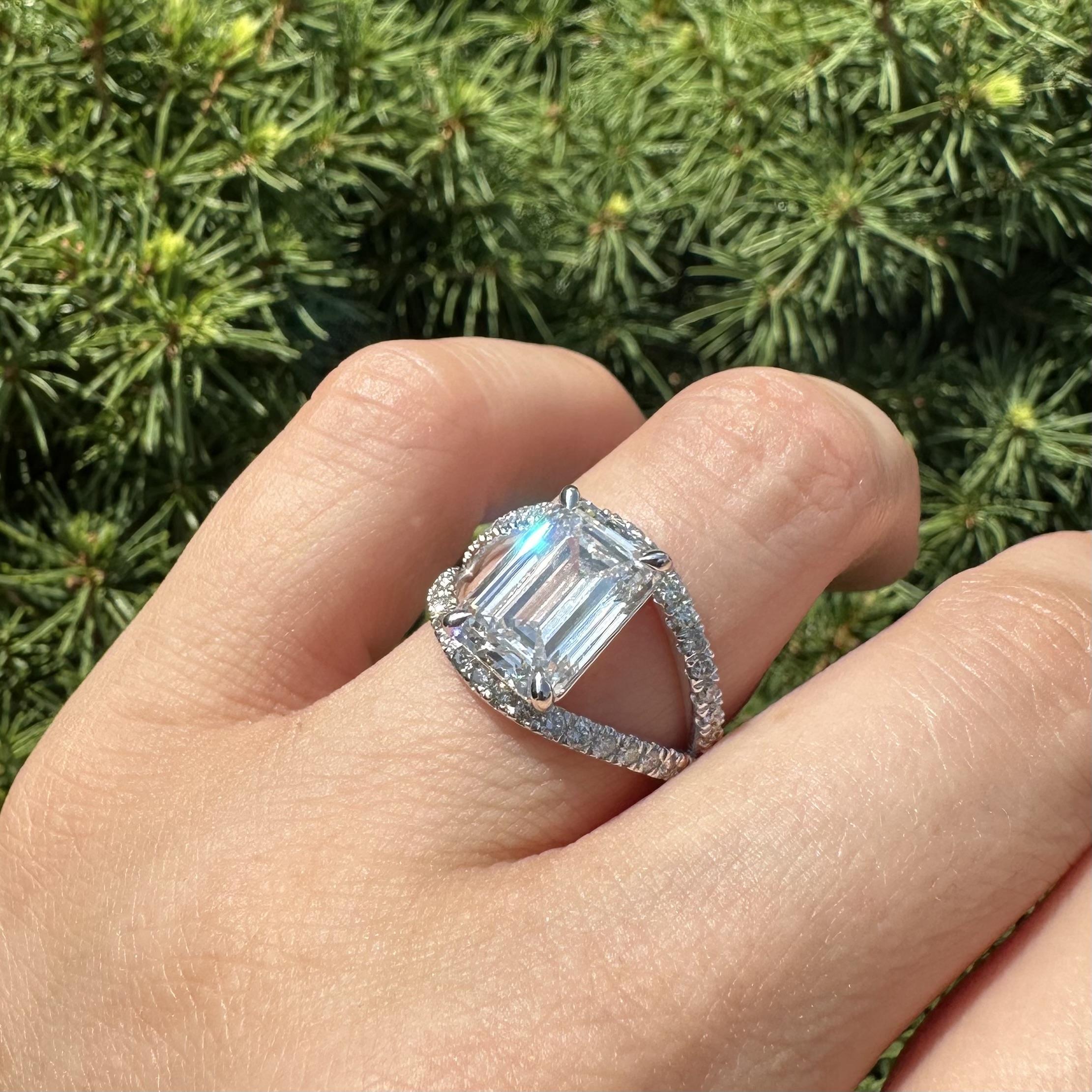 14k White Gold GIA 5.3ctw Emerald Cut Lab Grown Diamond Open Split Shank Ring For Sale 9