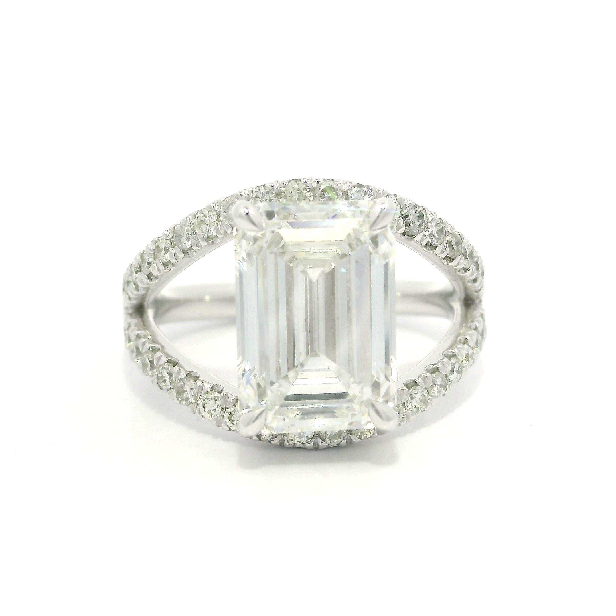 14k White Gold GIA 5.3ctw Emerald Cut Lab Grown Diamond Open Split Shank Ring For Sale 11
