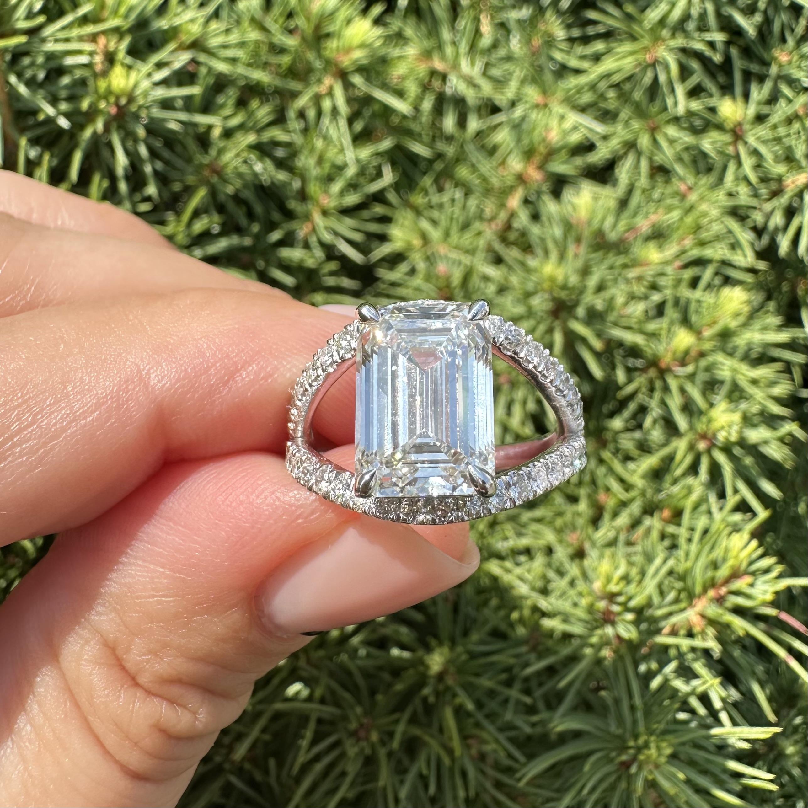 14k White Gold GIA 5.3ctw Emerald Cut Lab Grown Diamond Open Split Shank Ring For Sale 12