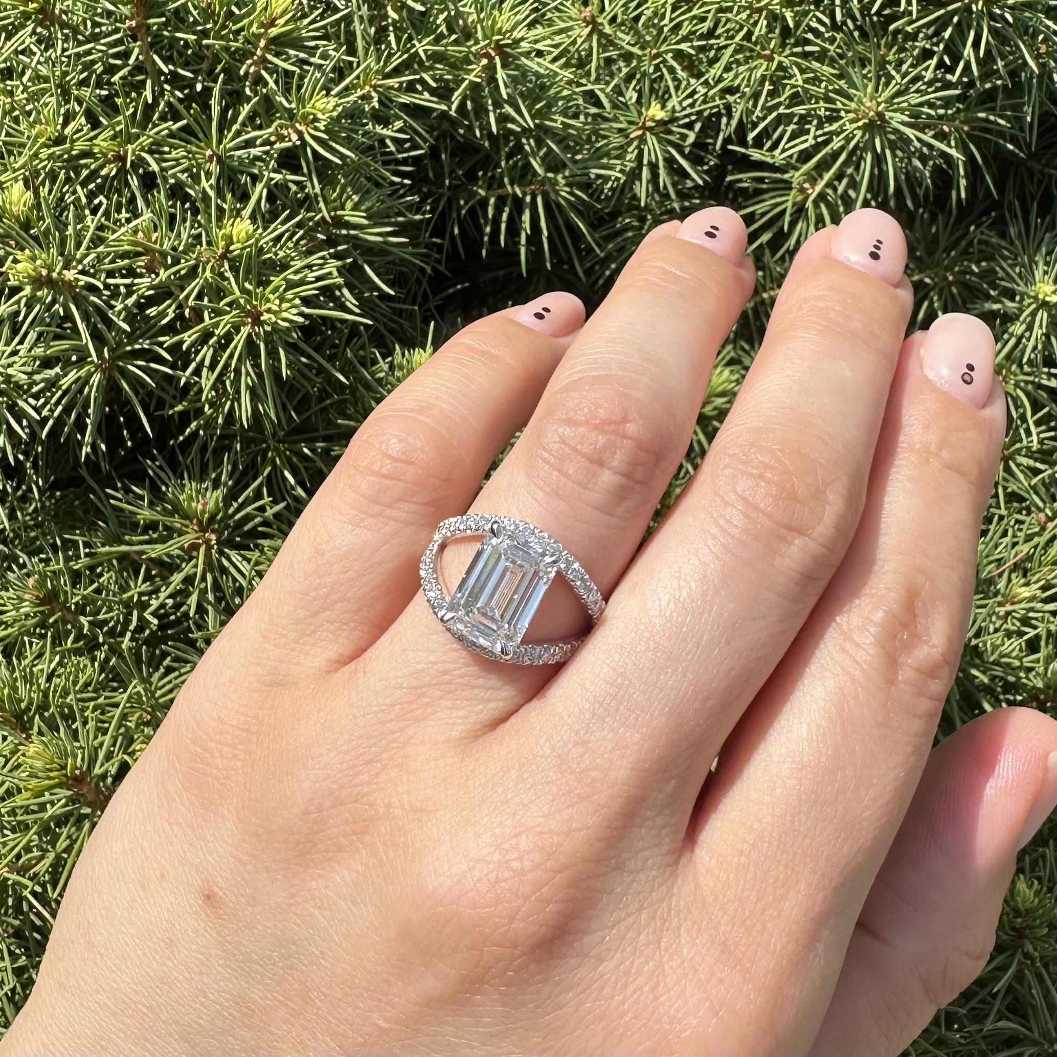 14k White Gold GIA 5.3ctw Emerald Cut Lab Grown Diamond Open Split Shank Ring For Sale 3