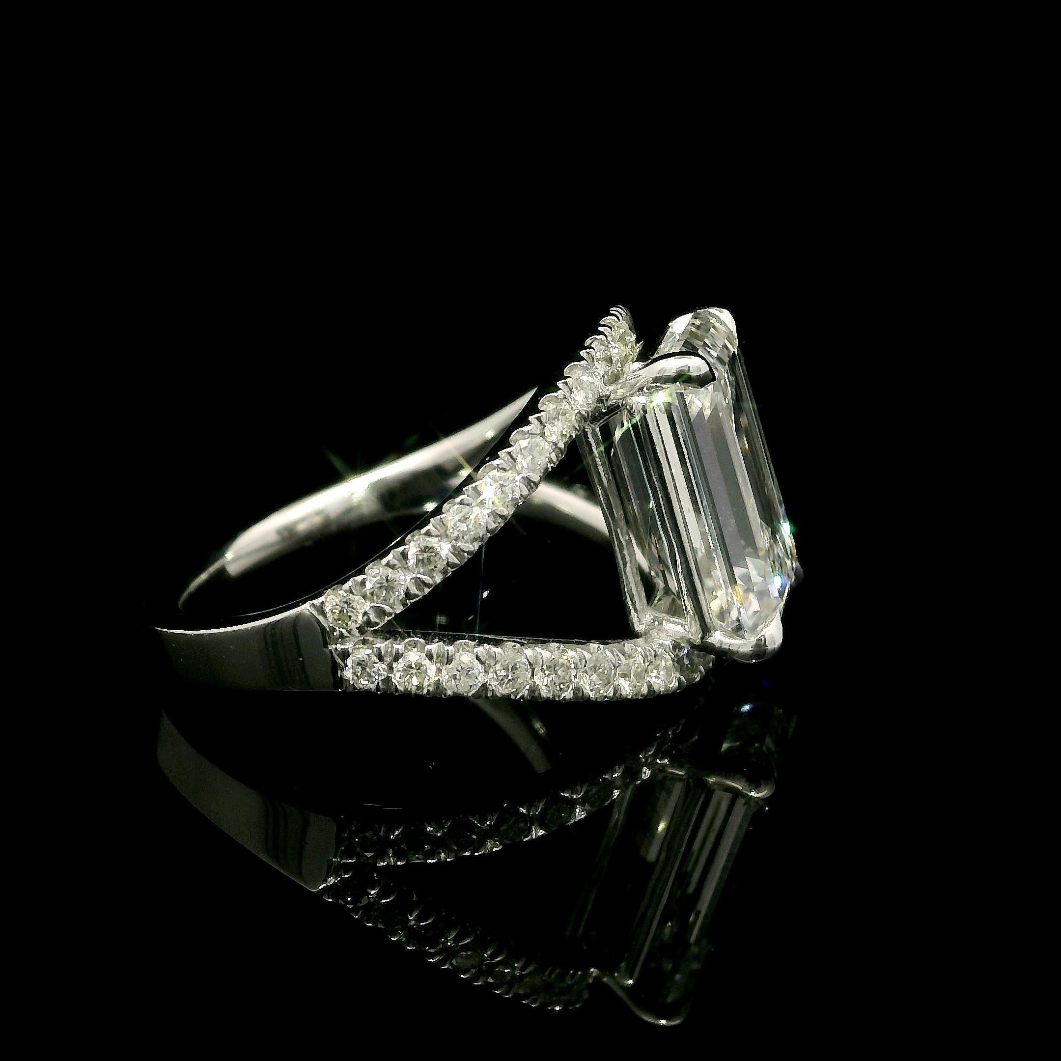 14k White Gold GIA 5.3ctw Emerald Cut Lab Grown Diamond Open Split Shank Ring For Sale 4