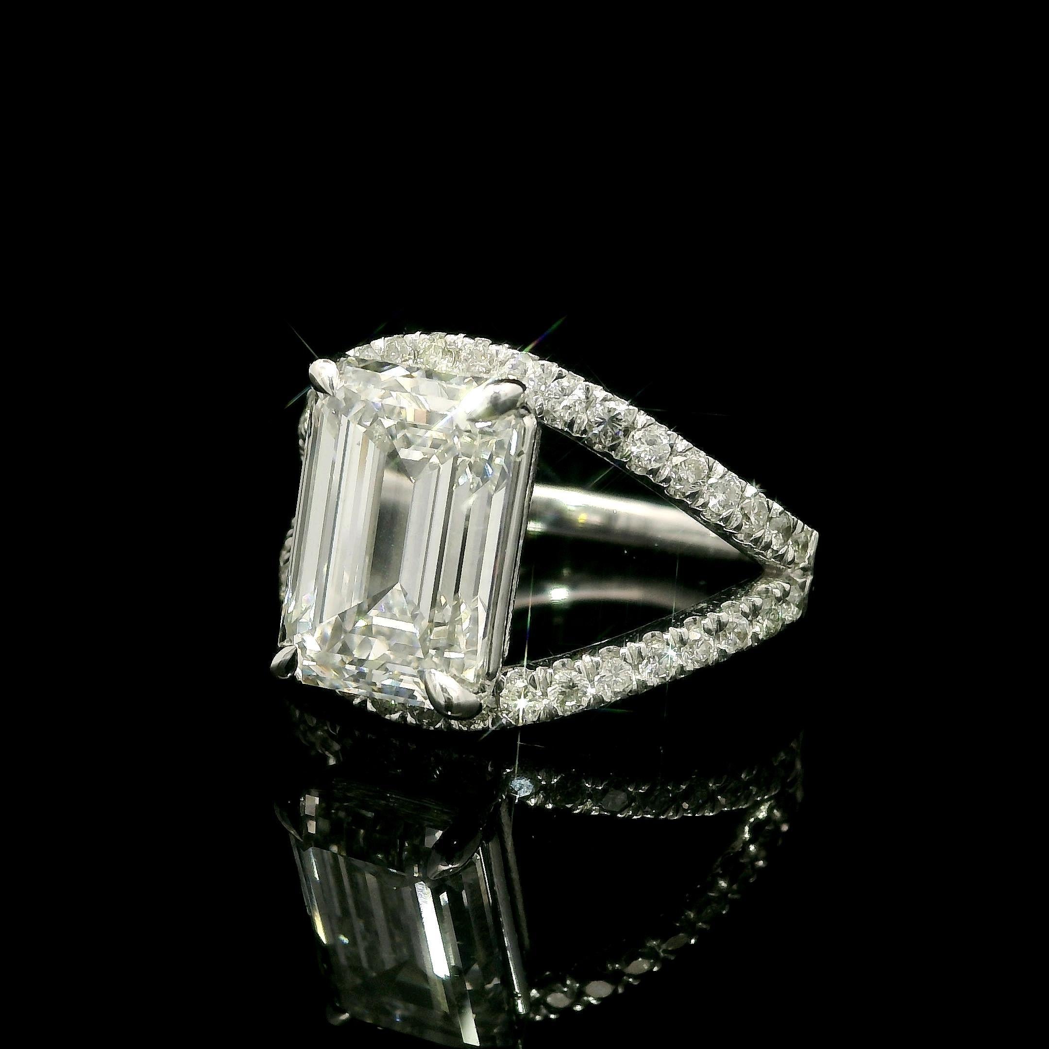 14k White Gold GIA 5.3ctw Emerald Cut Lab Grown Diamond Open Split Shank Ring For Sale 5