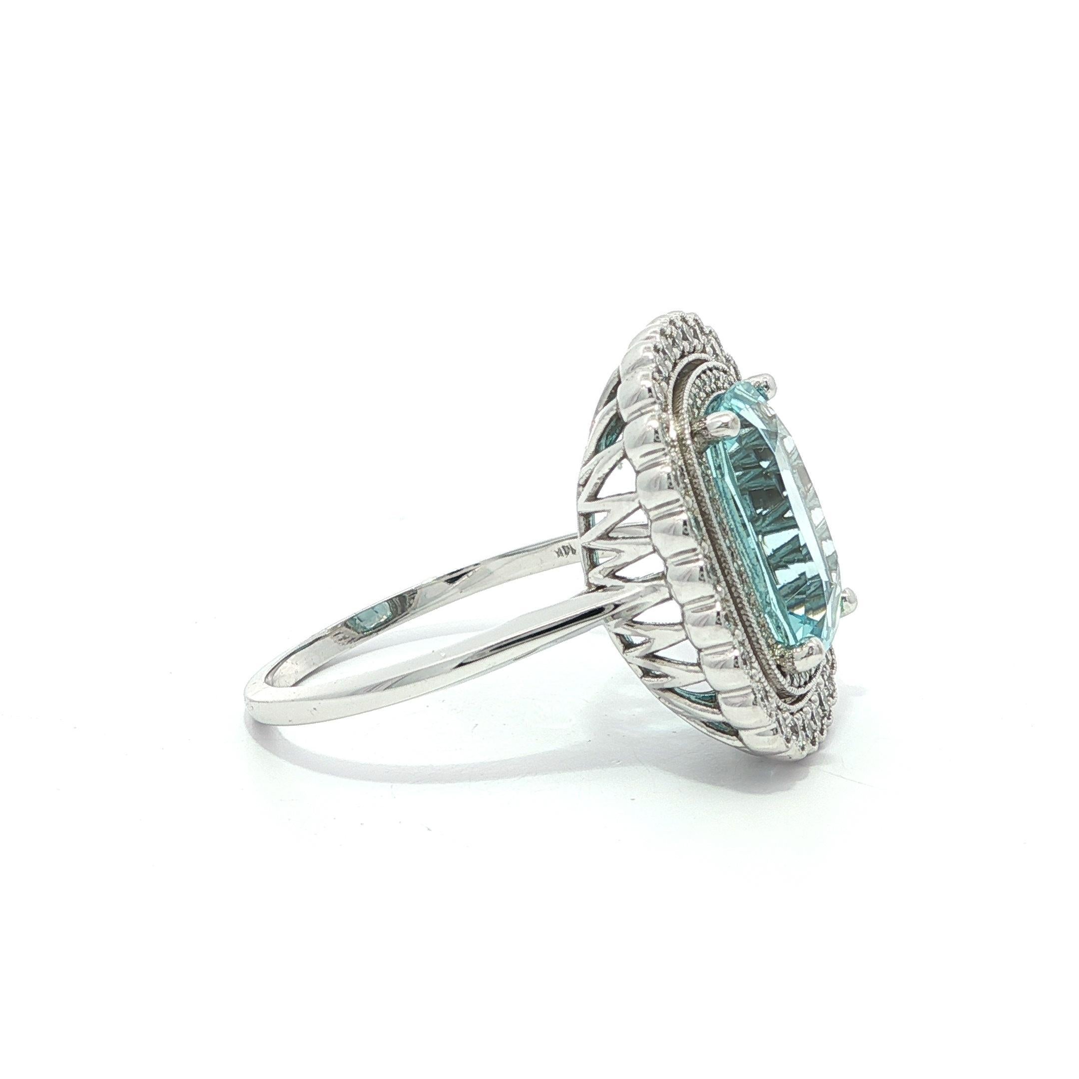 14k White Gold GIA 6.6ct Cushion Brilliant Aquamarine Diamond Double Halo Ring For Sale 5