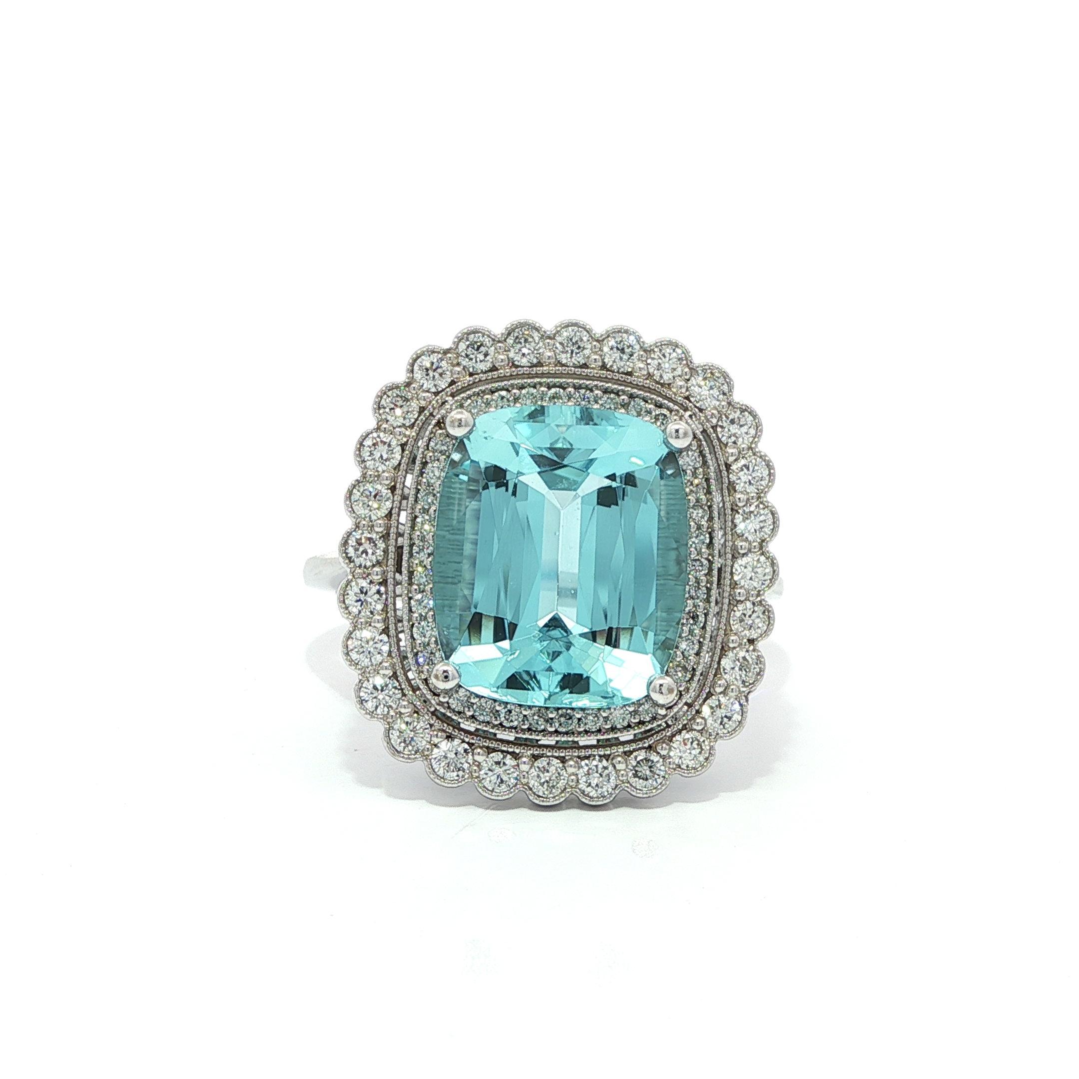 14k White Gold GIA 6.6ct Cushion Brilliant Aquamarine Diamond Double Halo Ring For Sale 6