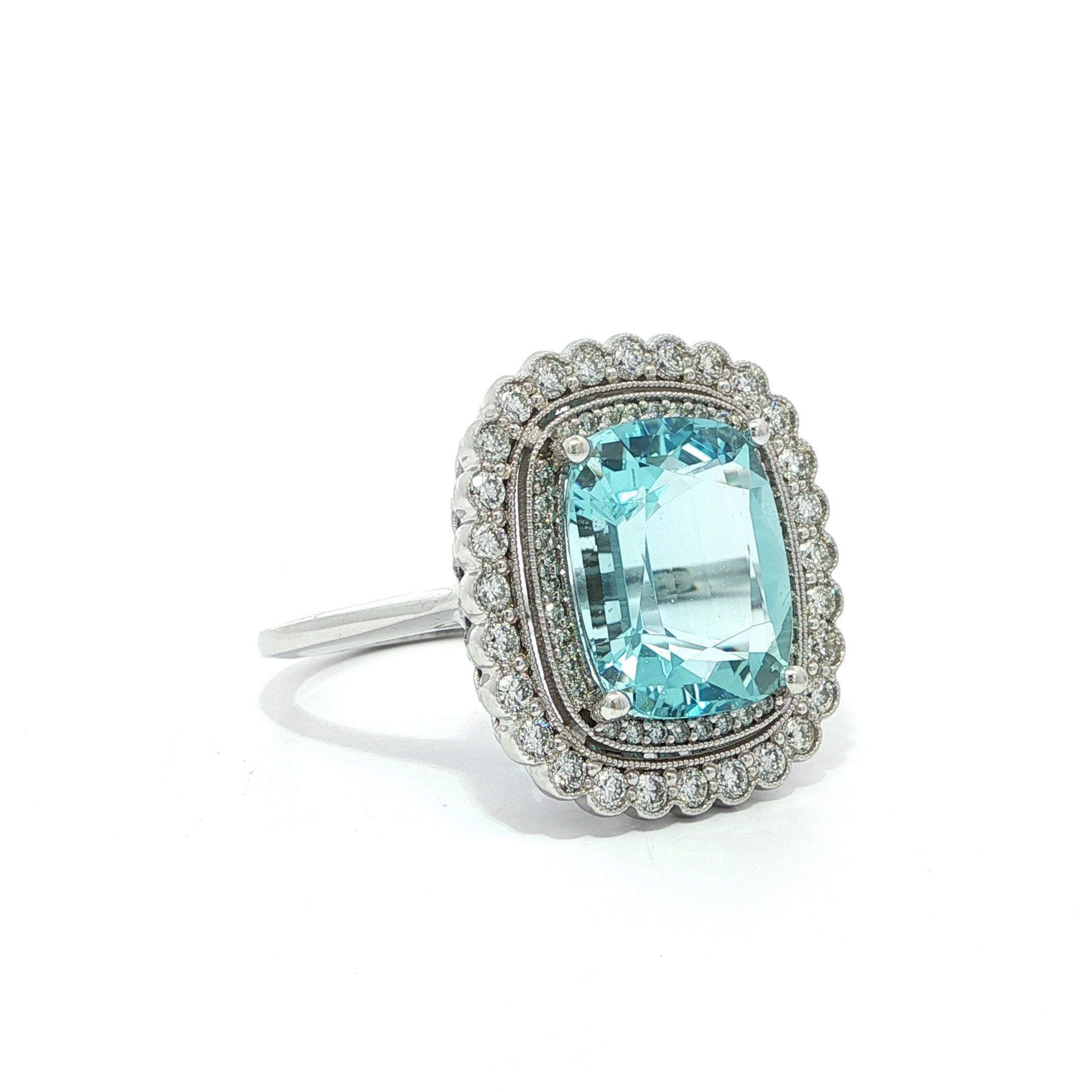 14k White Gold GIA 6.6ct Cushion Brilliant Aquamarine Diamond Double Halo Ring For Sale 7