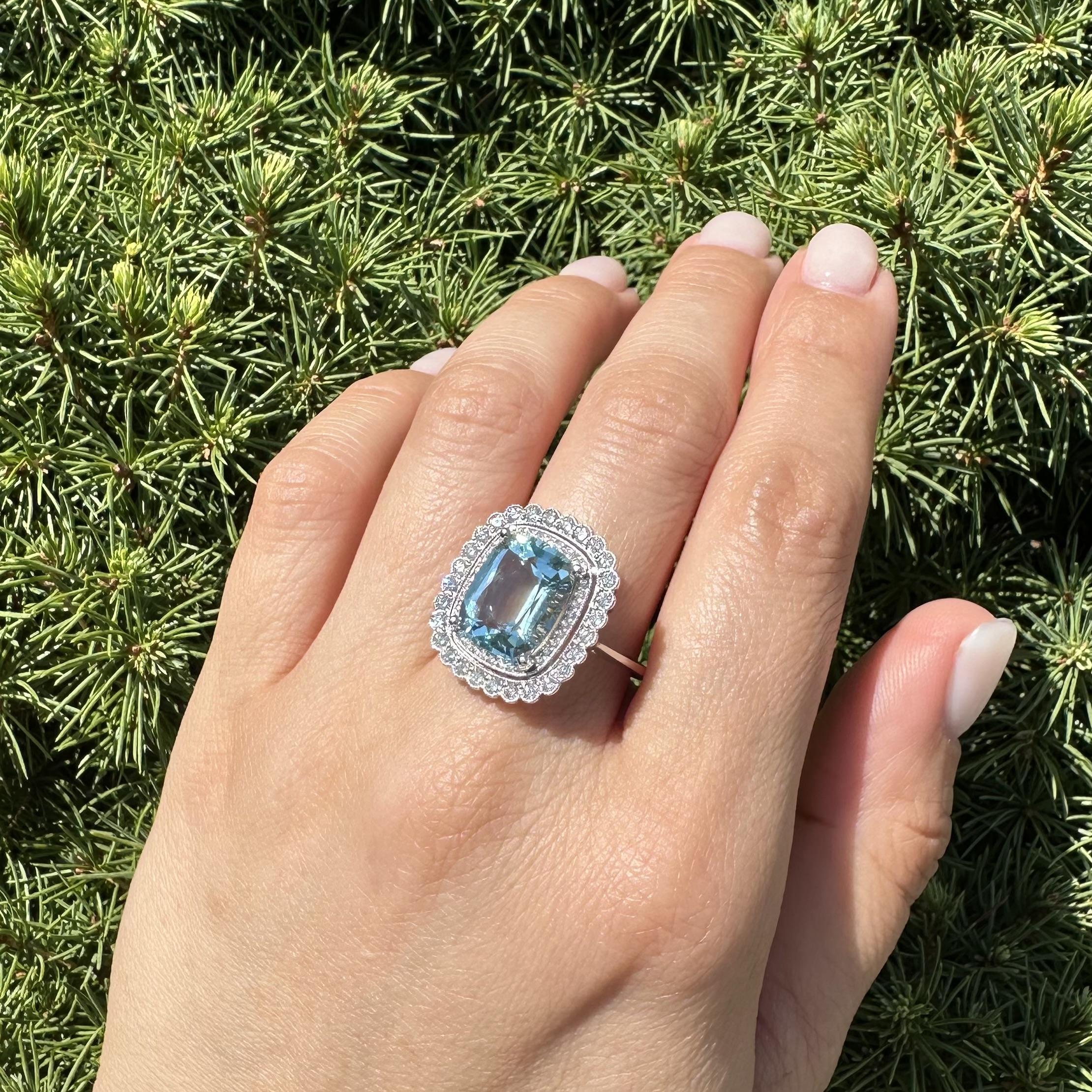 14k White Gold GIA 6.6ct Cushion Brilliant Aquamarine Diamond Double Halo Ring For Sale 9