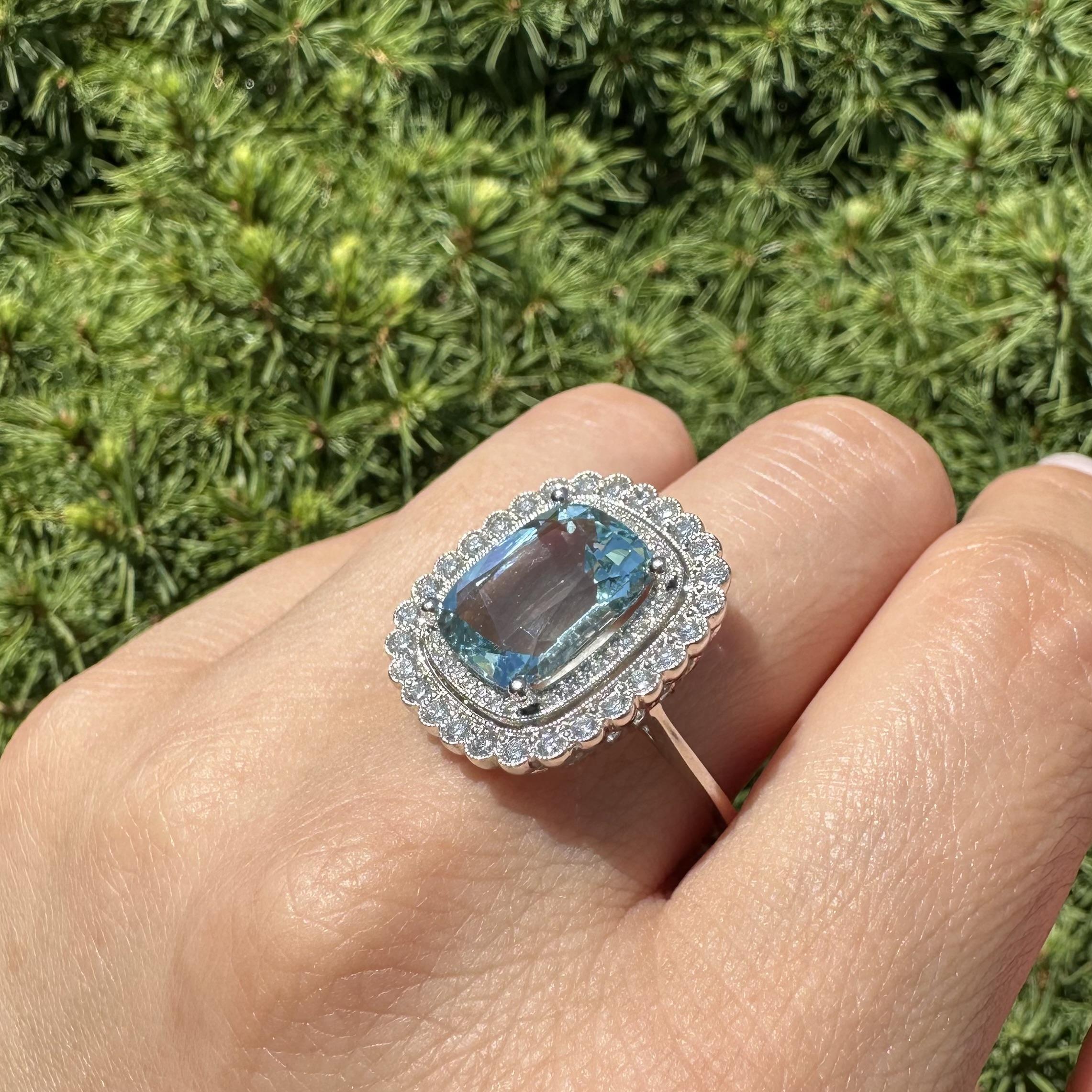 14k White Gold GIA 6.6ct Cushion Brilliant Aquamarine Diamond Double Halo Ring For Sale 10