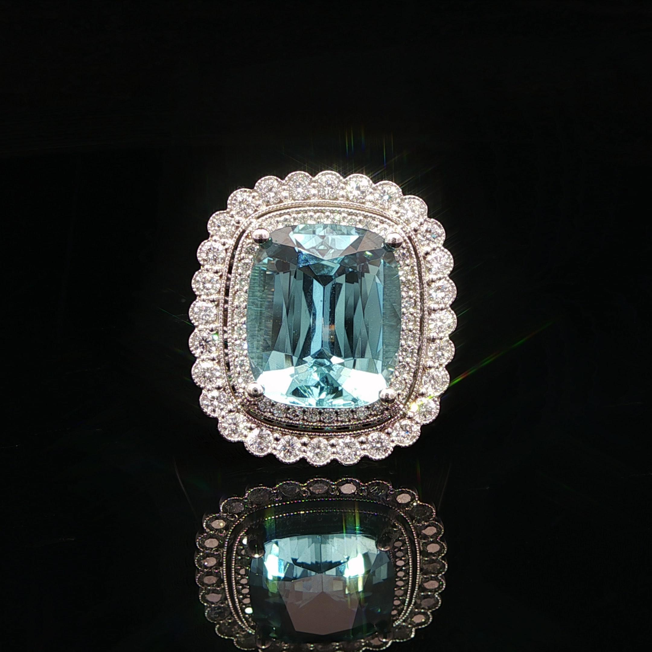 14k White Gold GIA 6.6ct Cushion Brilliant Aquamarine Diamond Double Halo Ring For Sale 11