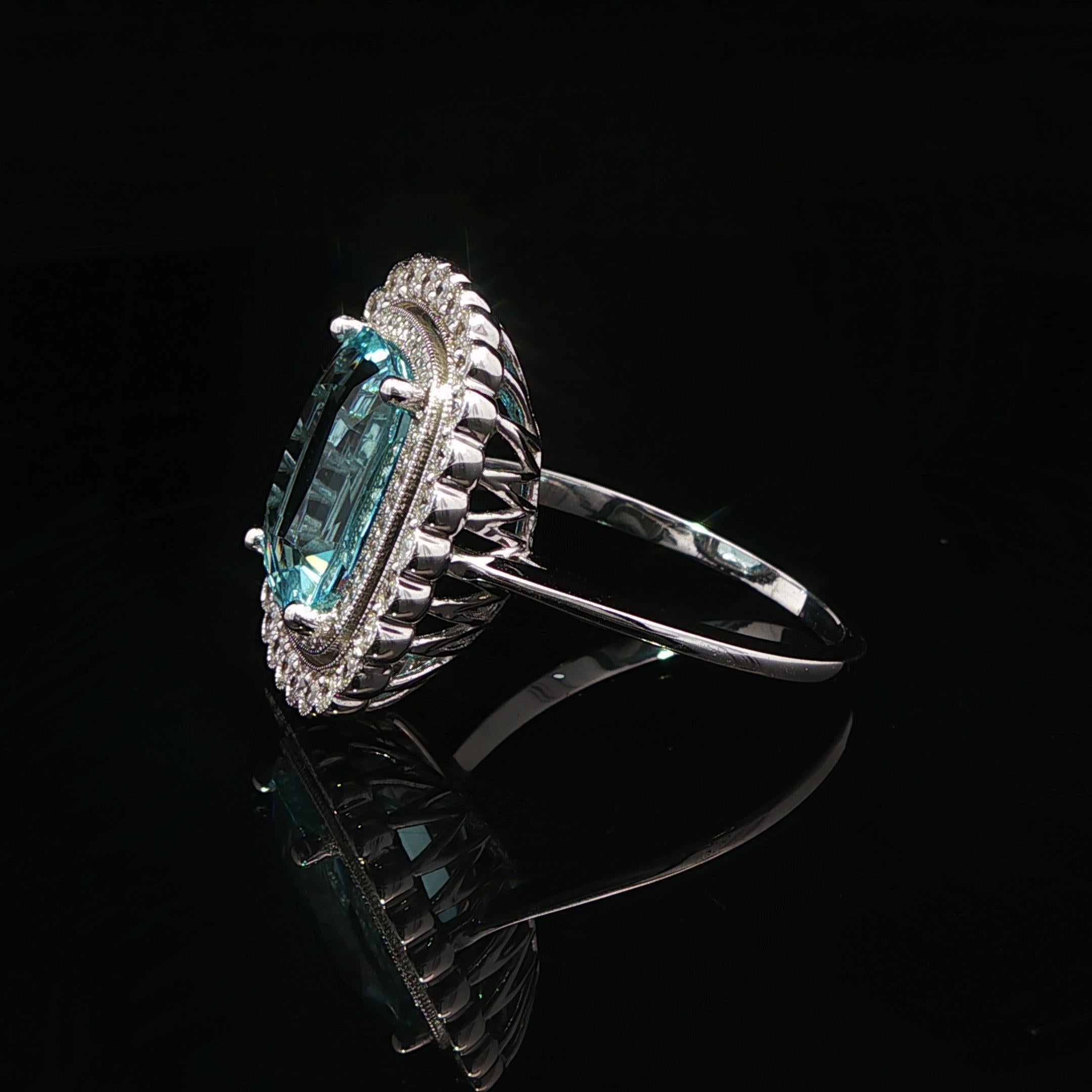 --Stone(s):--
(1) Natural Genuine Aquamarine - Cushion Brilliant Cut - Prong Set - Very Nice Color - Very Brilliant Blue Color - 5.85ct (exact)
*See Certification Information Below*
(62) Natural Genuine Diamonds - Round Brilliant Cut - Pave &