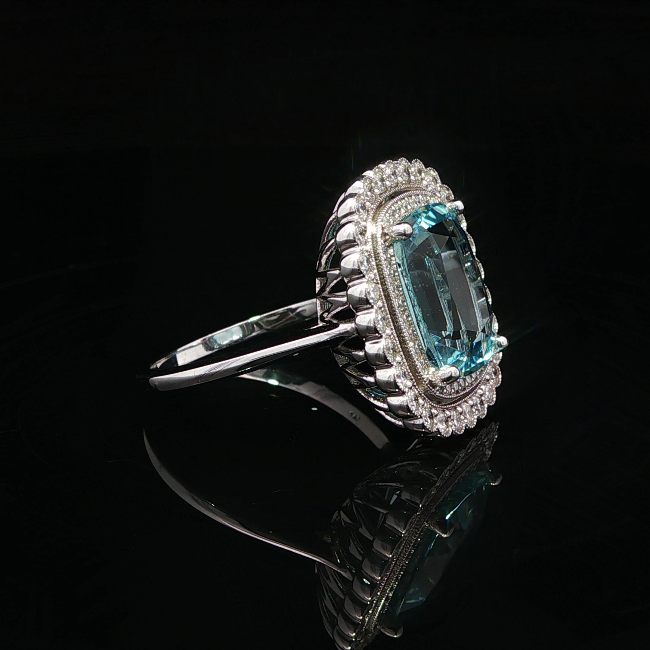 Cushion Cut 14k White Gold GIA 6.6ct Cushion Brilliant Aquamarine Diamond Double Halo Ring For Sale
