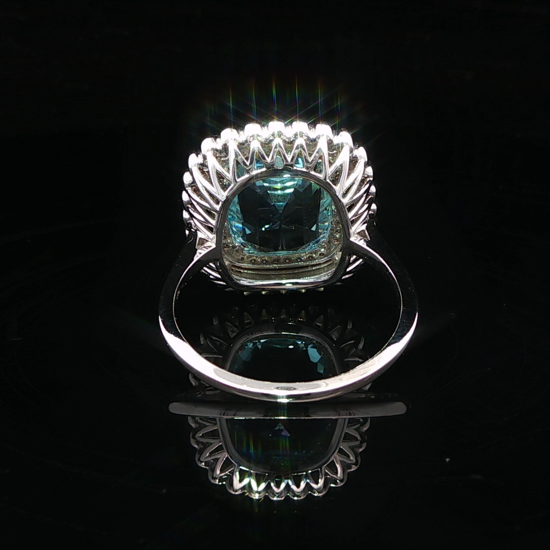 14k White Gold GIA 6.6ct Cushion Brilliant Aquamarine Diamond Double Halo Ring In Excellent Condition For Sale In Montclair, NJ