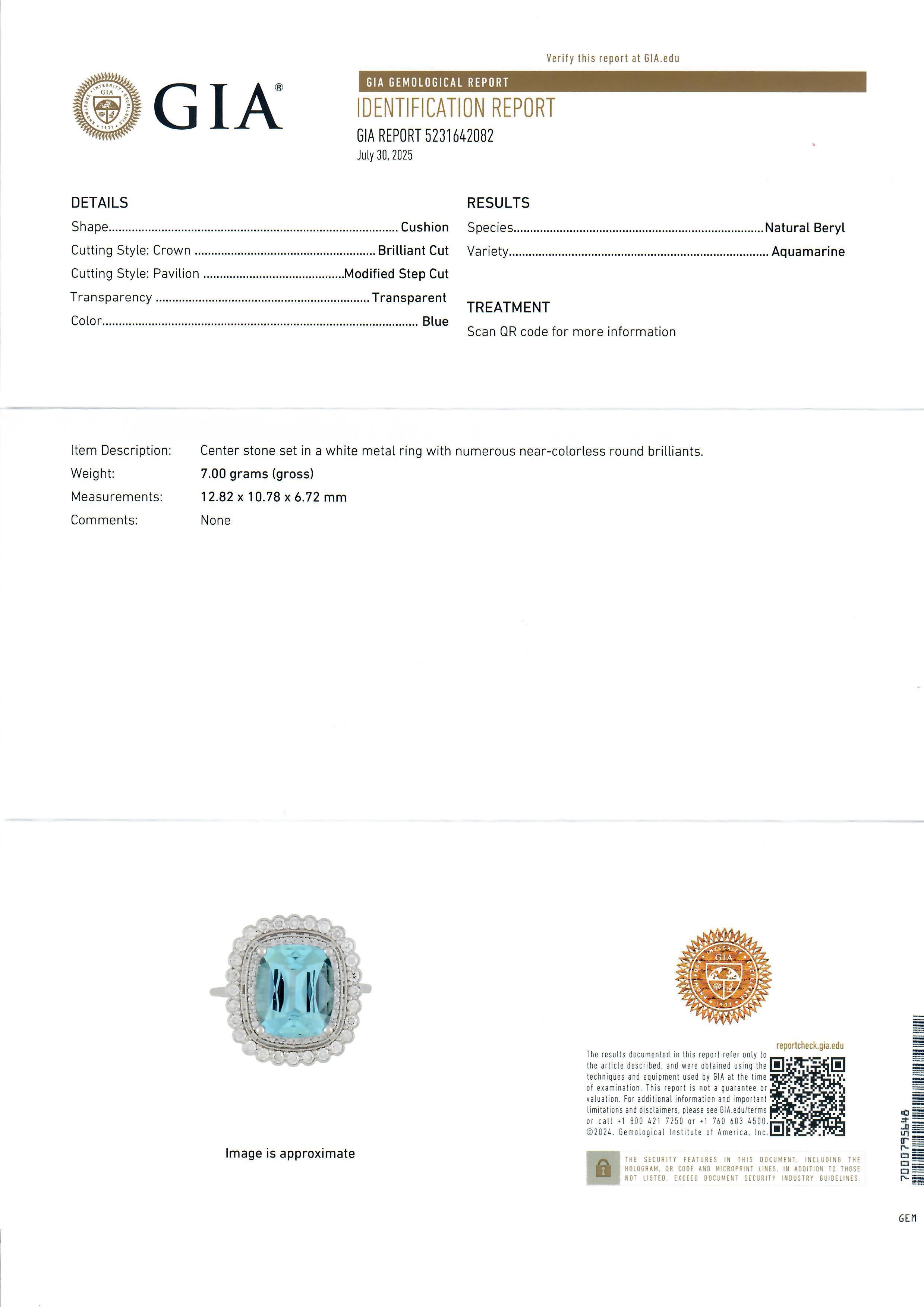 Women's 14k White Gold GIA 6.6ct Cushion Brilliant Aquamarine Diamond Double Halo Ring For Sale