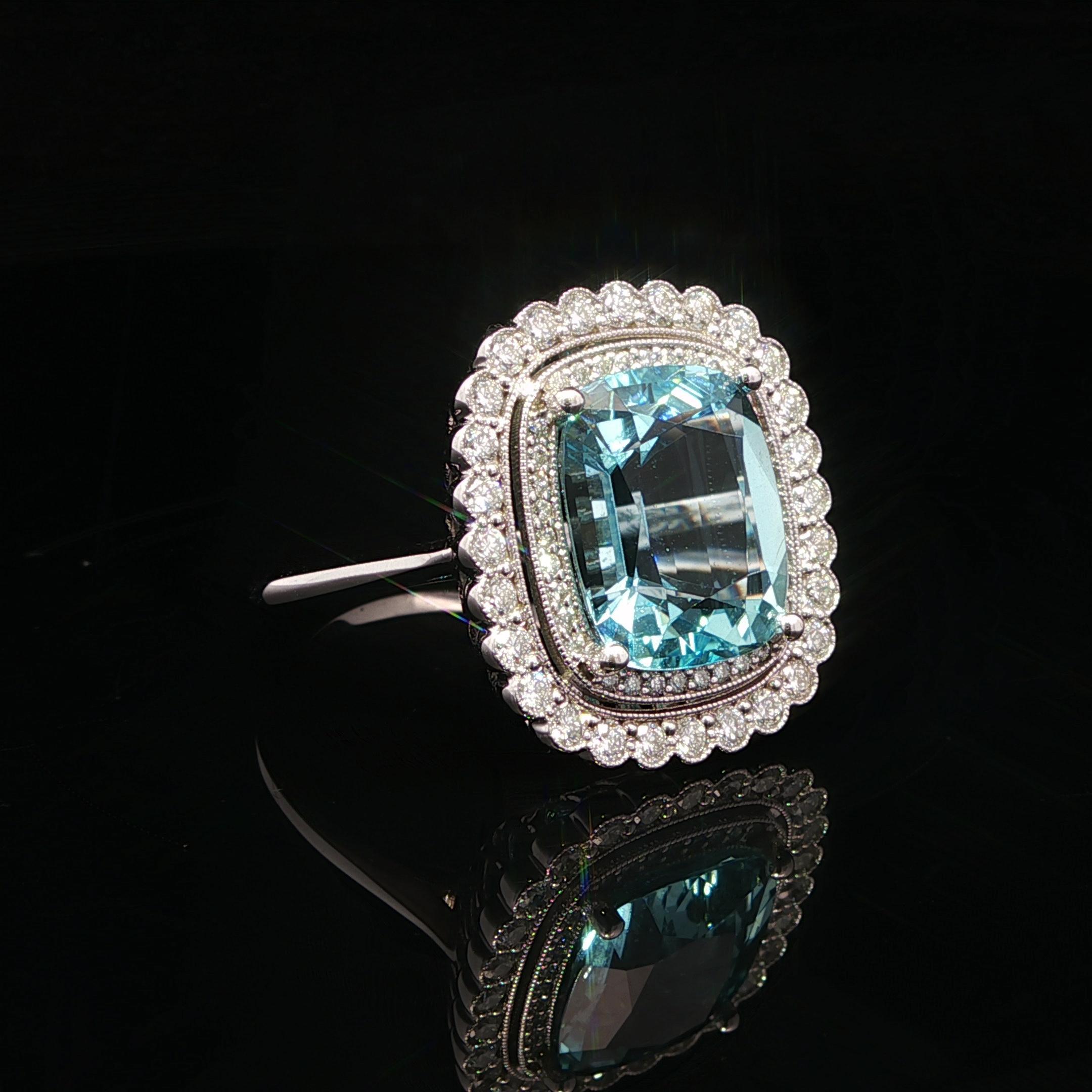 14k White Gold GIA 6.6ct Cushion Brilliant Aquamarine Diamond Double Halo Ring For Sale 1