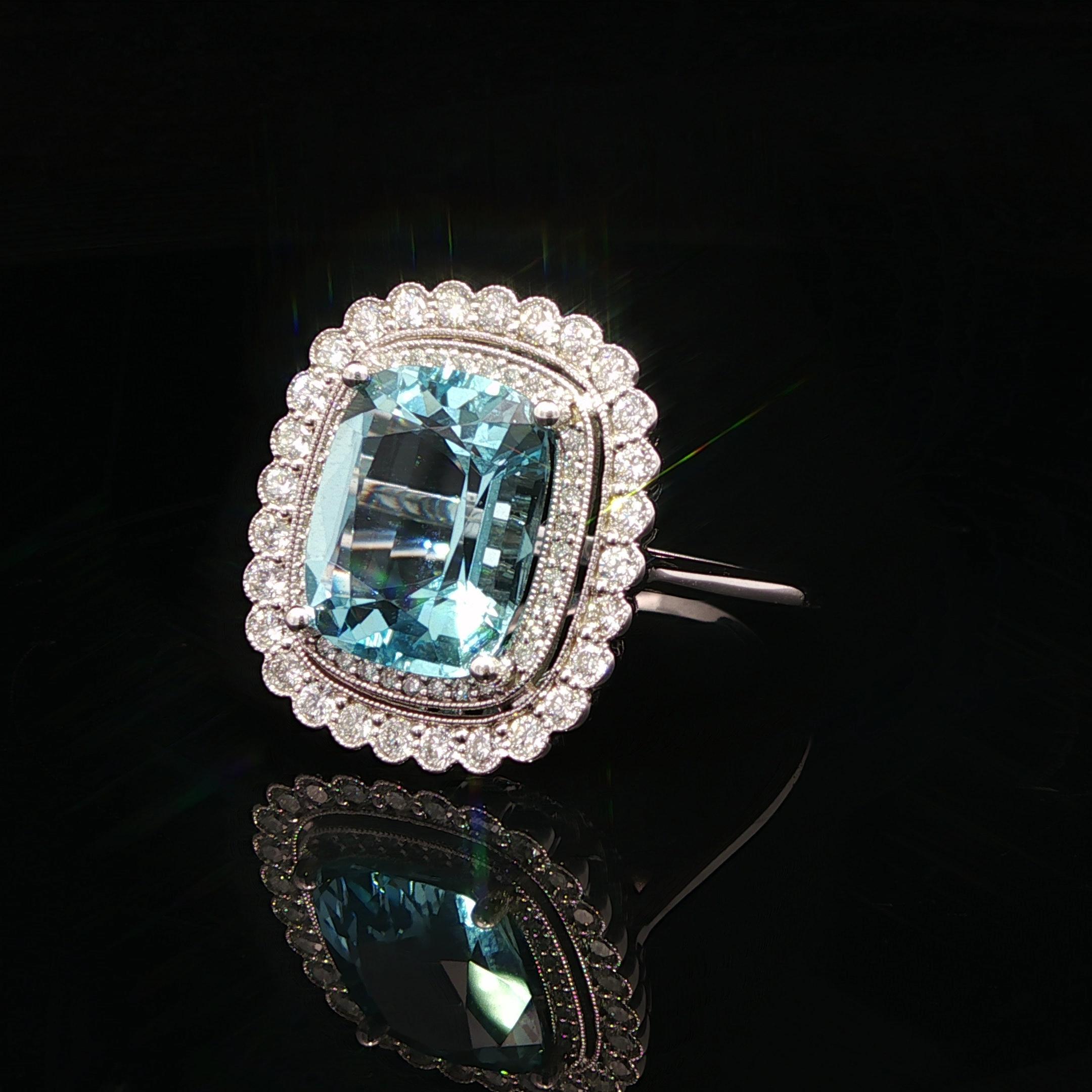 14k White Gold GIA 6.6ct Cushion Brilliant Aquamarine Diamond Double Halo Ring For Sale 2